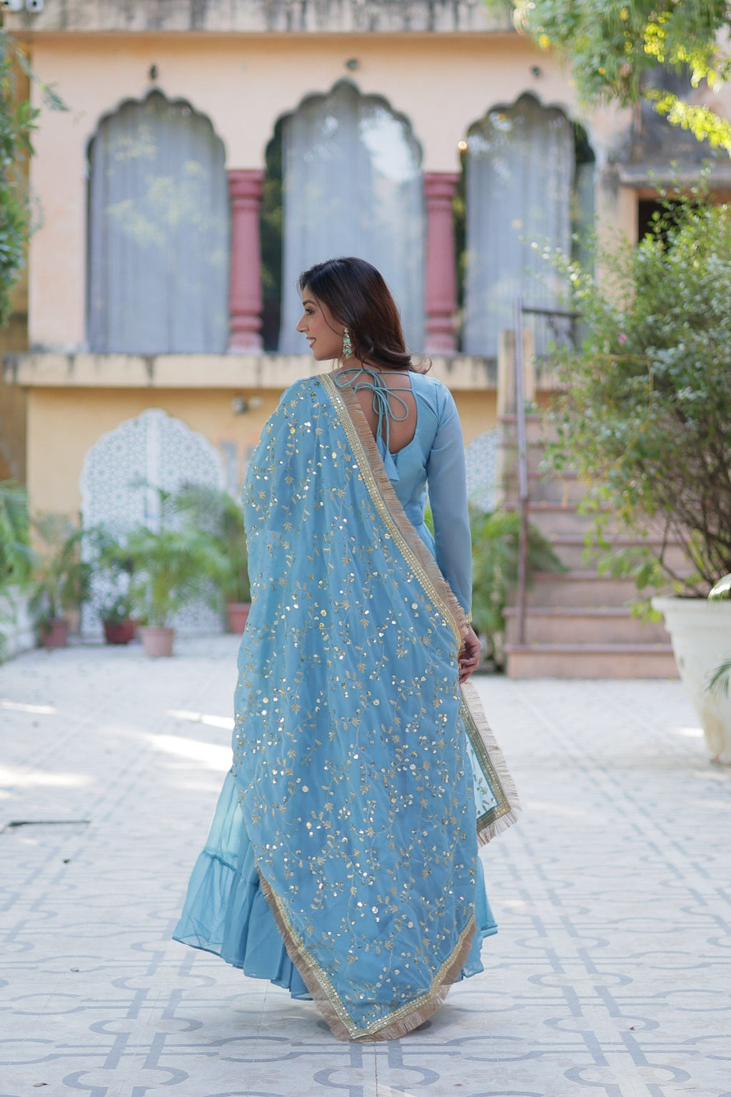 Jyoti Fashion Women's Sky Blue Star Georgette Rich Sequins Embroidered Anarkali Set with Dupatta