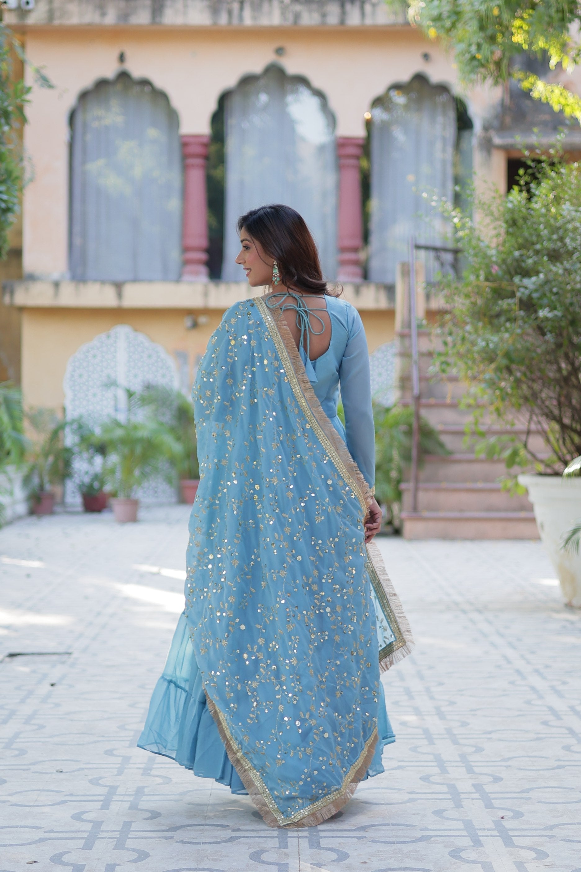 Jyoti Fashion Women's Sky Blue Star Georgette Rich Sequins Embroidered Anarkali Set with Dupatta
