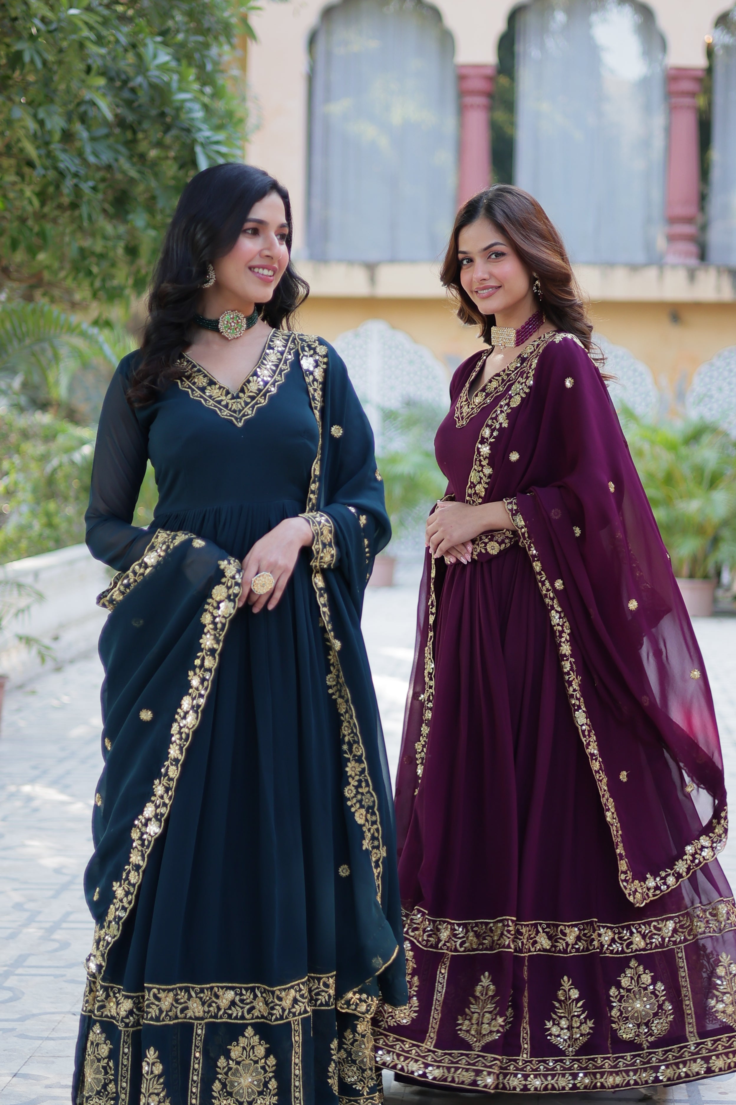Jyoti Fashion Women's Rama & Wine Faux Georgette Zari Thread & Sequins Embroidered Combo Anarkali Set with Dupatta