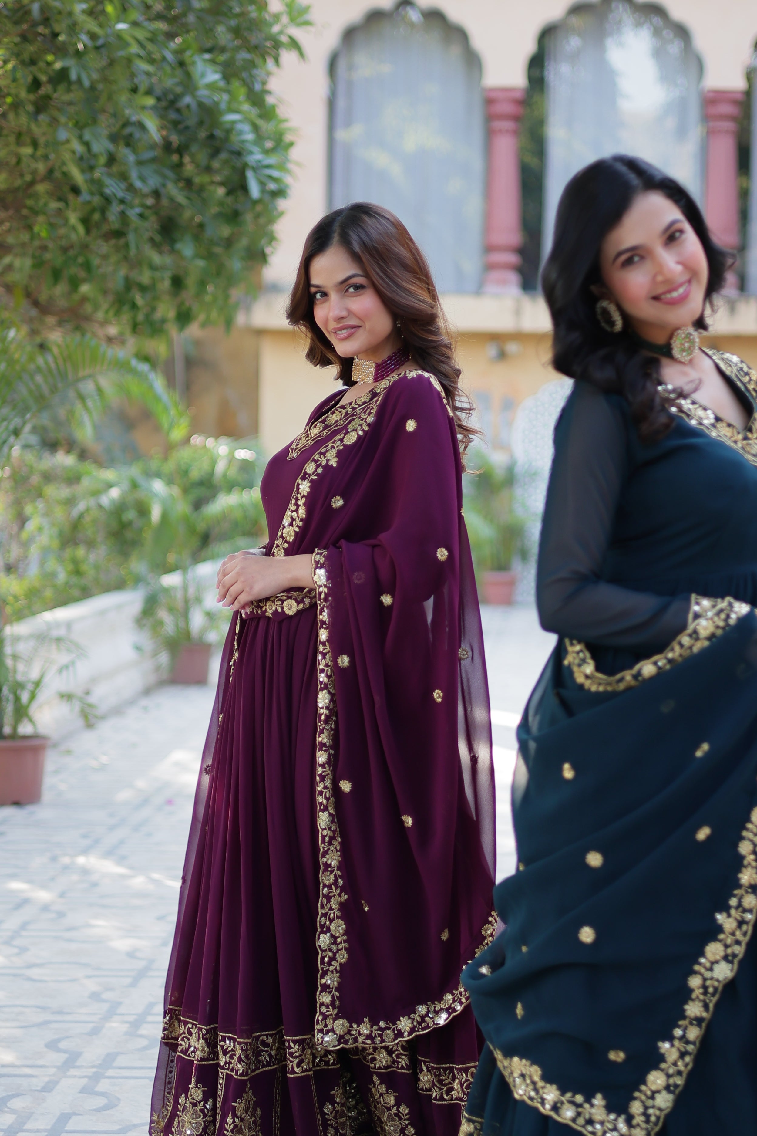 Jyoti Fashion Women's Rama & Wine Faux Georgette Zari Thread & Sequins Embroidered Combo Anarkali Set with Dupatta