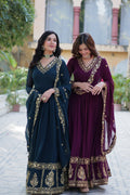 Jyoti Fashion Women's Rama & Wine Faux Georgette Zari Thread & Sequins Embroidered Combo Anarkali Set with Dupatta