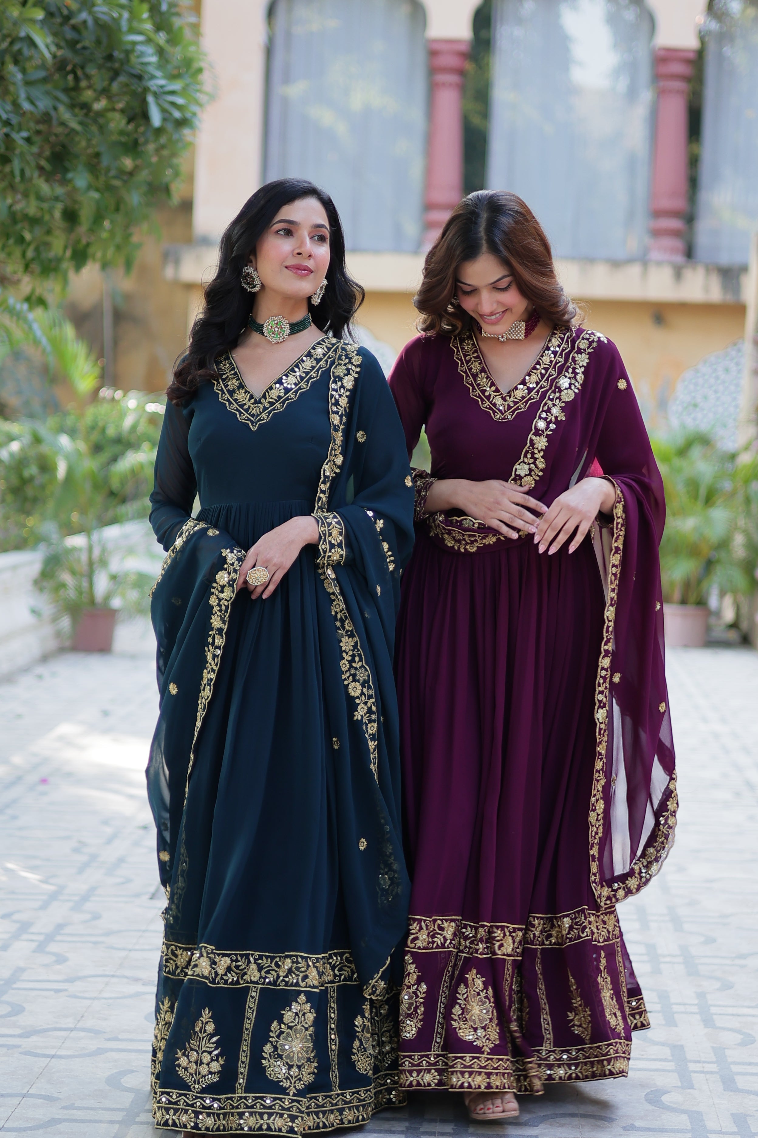Jyoti Fashion Women's Rama & Wine Faux Georgette Zari Thread & Sequins Embroidered Combo Anarkali Set with Dupatta