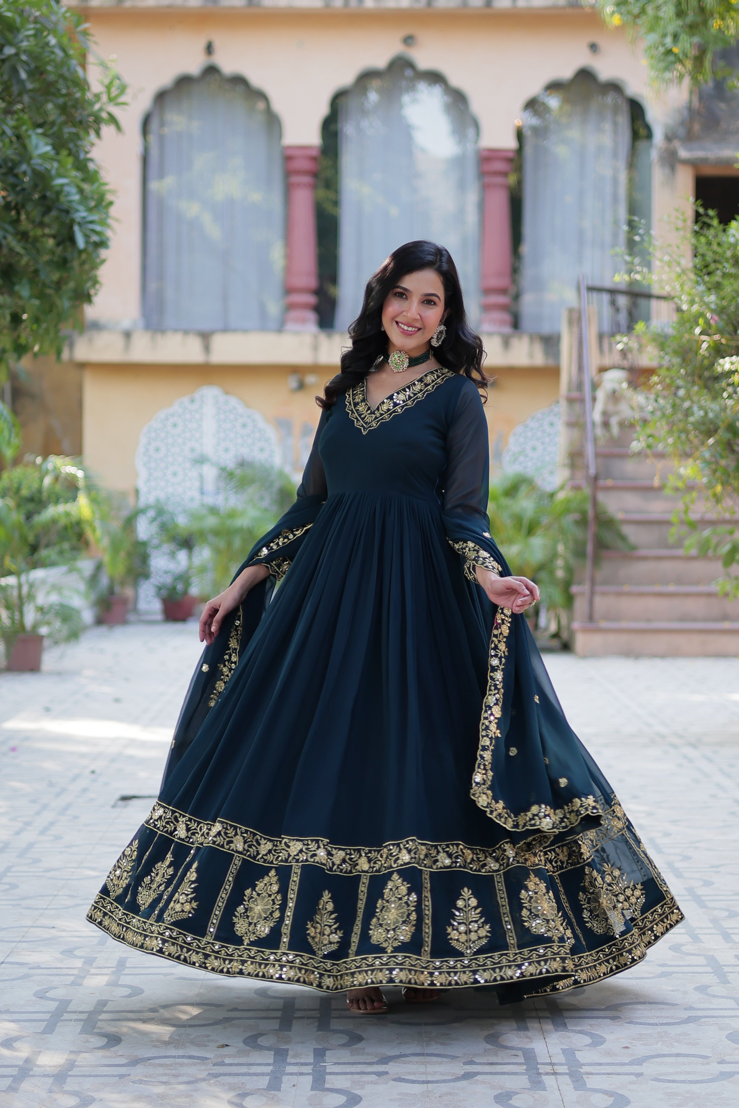 Jyoti Fashion Women's Rama Faux Georgette Zari Thread & Sequins Embroidered Anarkali Set with Dupatta