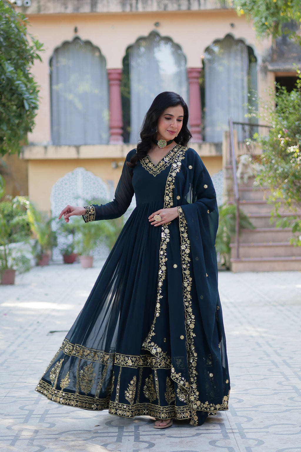 Jyoti Fashion Women's Rama Faux Georgette Zari Thread & Sequins Embroidered Anarkali Set with Dupatta