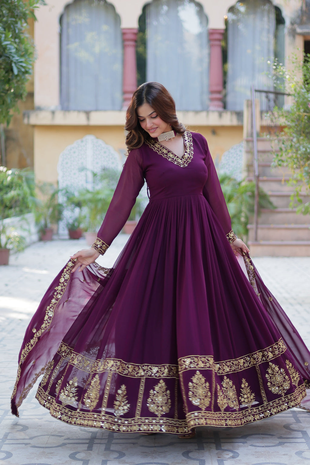 Jyoti Fashion Women's Wine Faux Georgette Zari Thread & Sequins Embroidered Anarkali Set with Dupatta