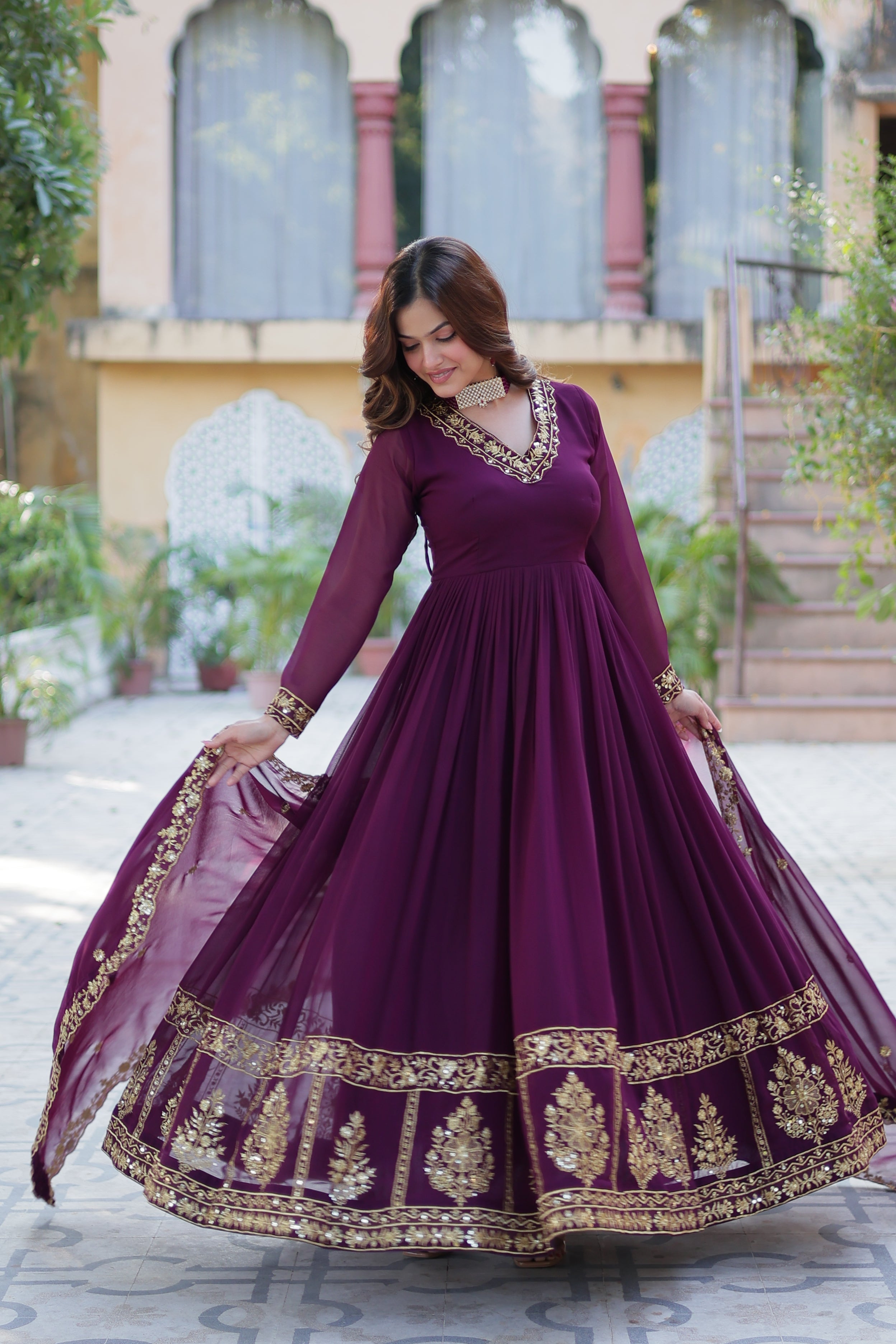 Jyoti Fashion Women's Wine Faux Georgette Zari Thread & Sequins Embroidered Anarkali Set with Dupatta