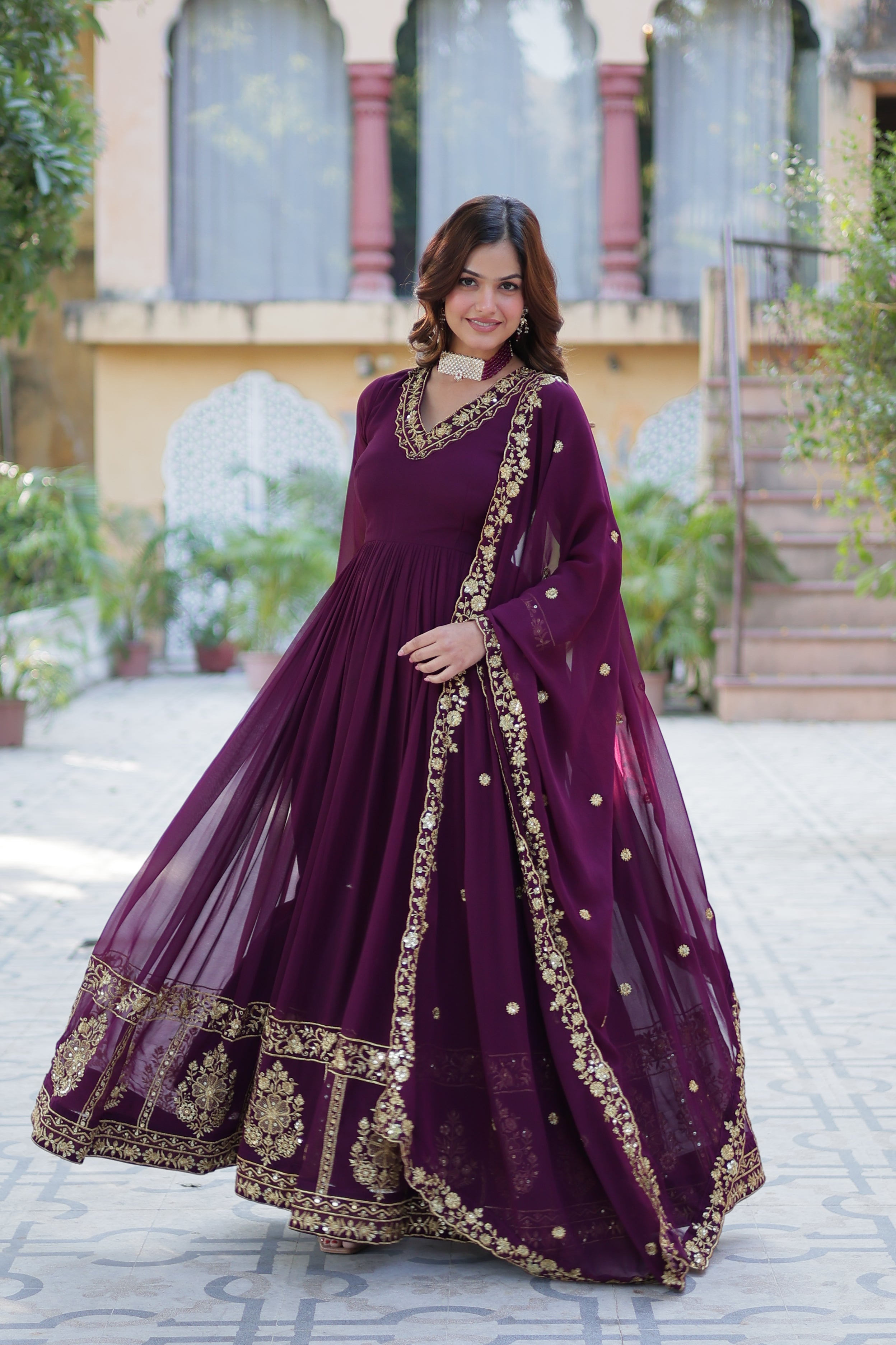 Jyoti Fashion Women's Wine Faux Georgette Zari Thread & Sequins Embroidered Anarkali Set with Dupatta