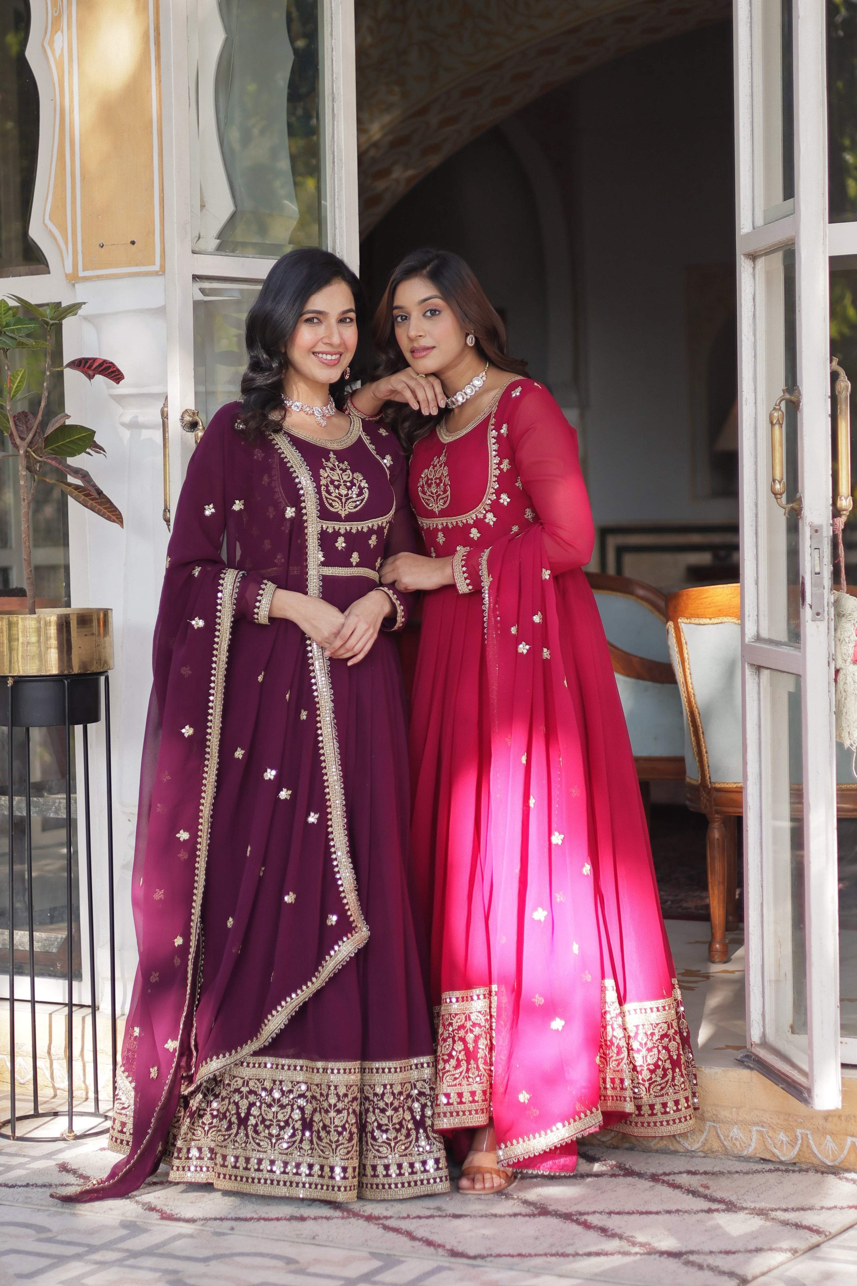 Jyoti Fashion Women's Wine & Pink Faux Georgette Rich Sequins Embroidered Combo Anarkali Set with Dupatta