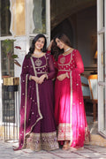 Jyoti Fashion Women's Wine & Pink Faux Georgette Rich Sequins Embroidered Combo Anarkali Set with Dupatta