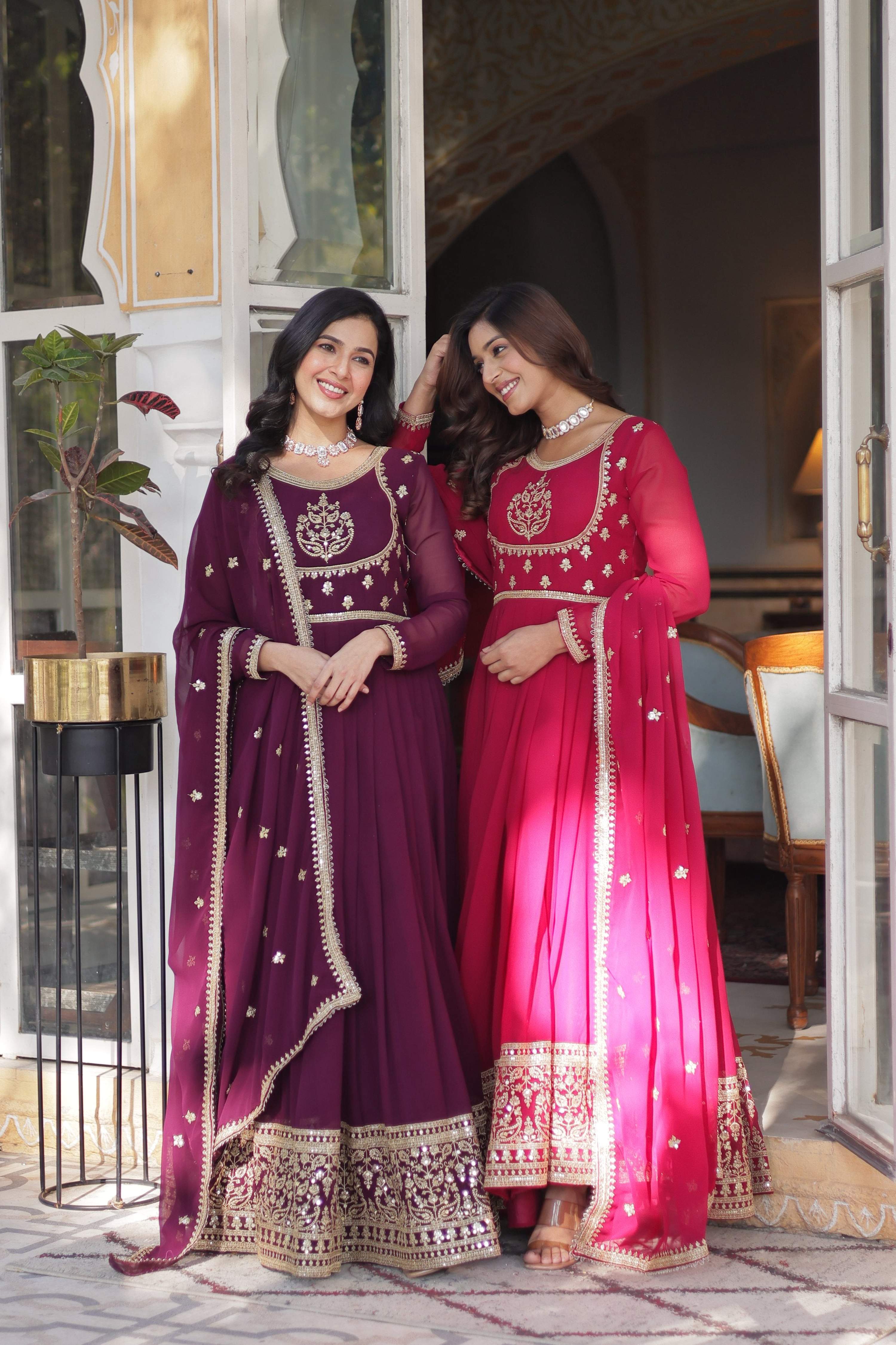 Jyoti Fashion Women's Wine & Pink Faux Georgette Rich Sequins Embroidered Combo Anarkali Set with Dupatta