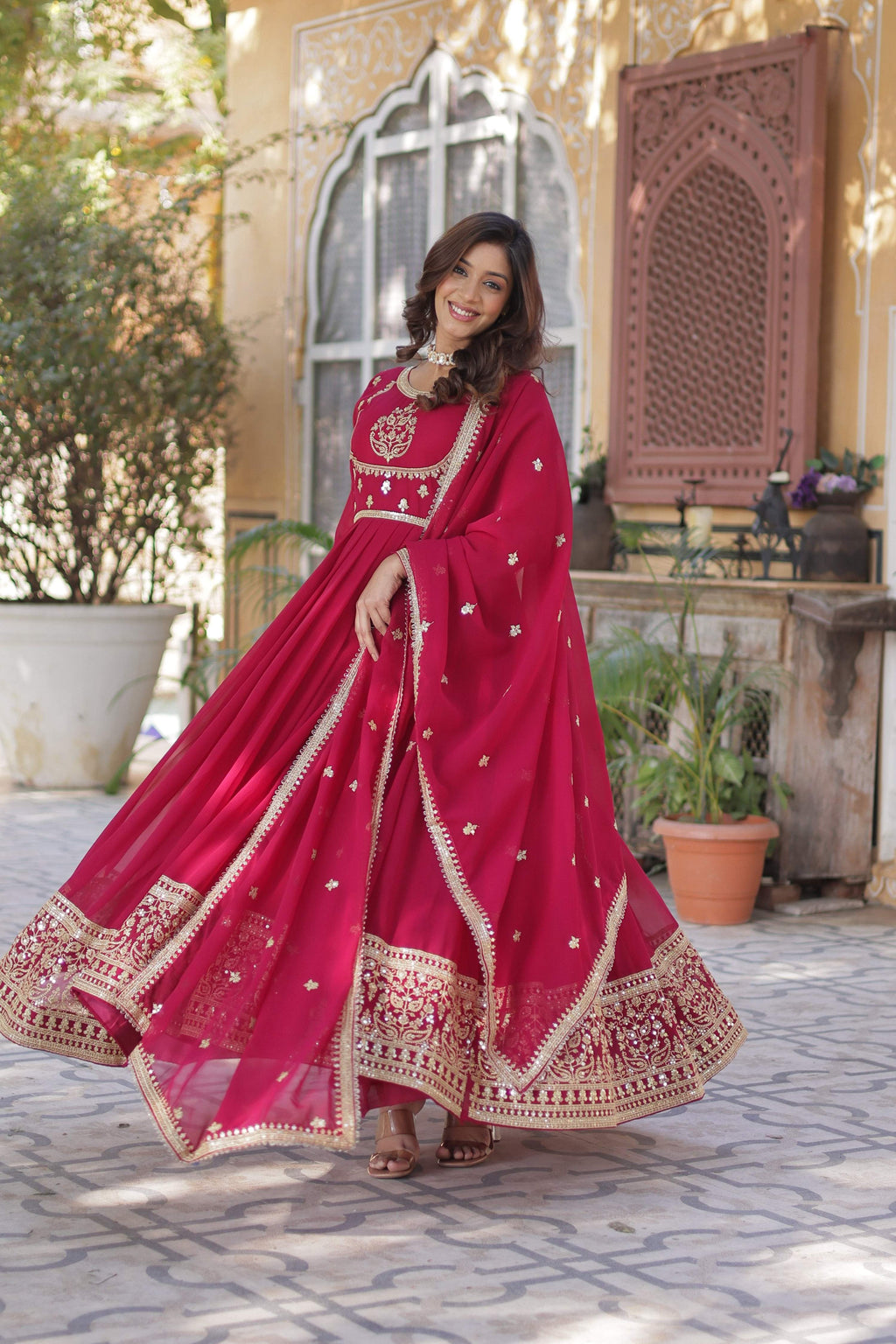 Jyoti Fashion Women's Pink Faux Georgette Rich Sequins Embroidered Anarkali Set with Dupatta