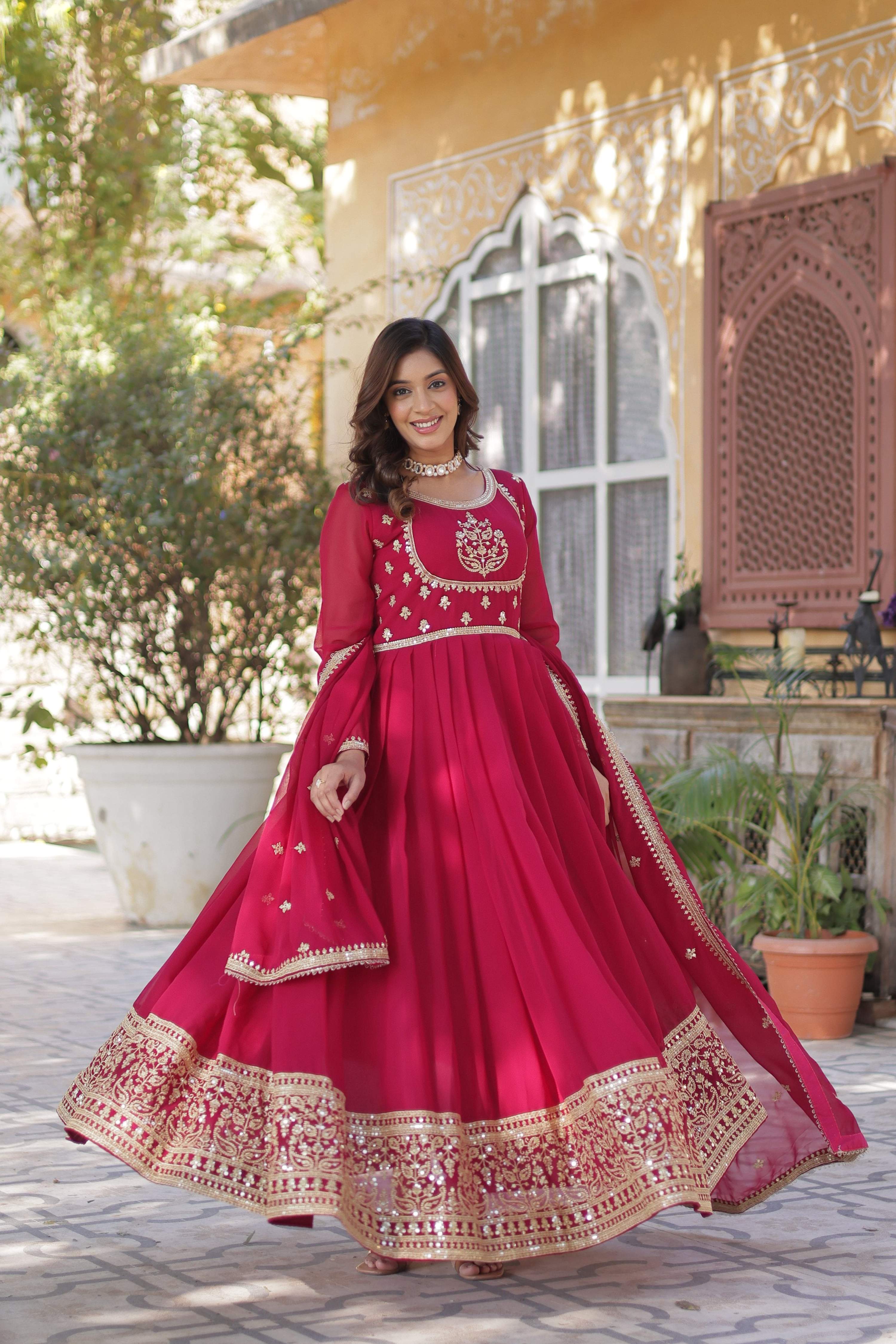 Jyoti Fashion Women's Pink Faux Georgette Rich Sequins Embroidered Anarkali Set with Dupatta