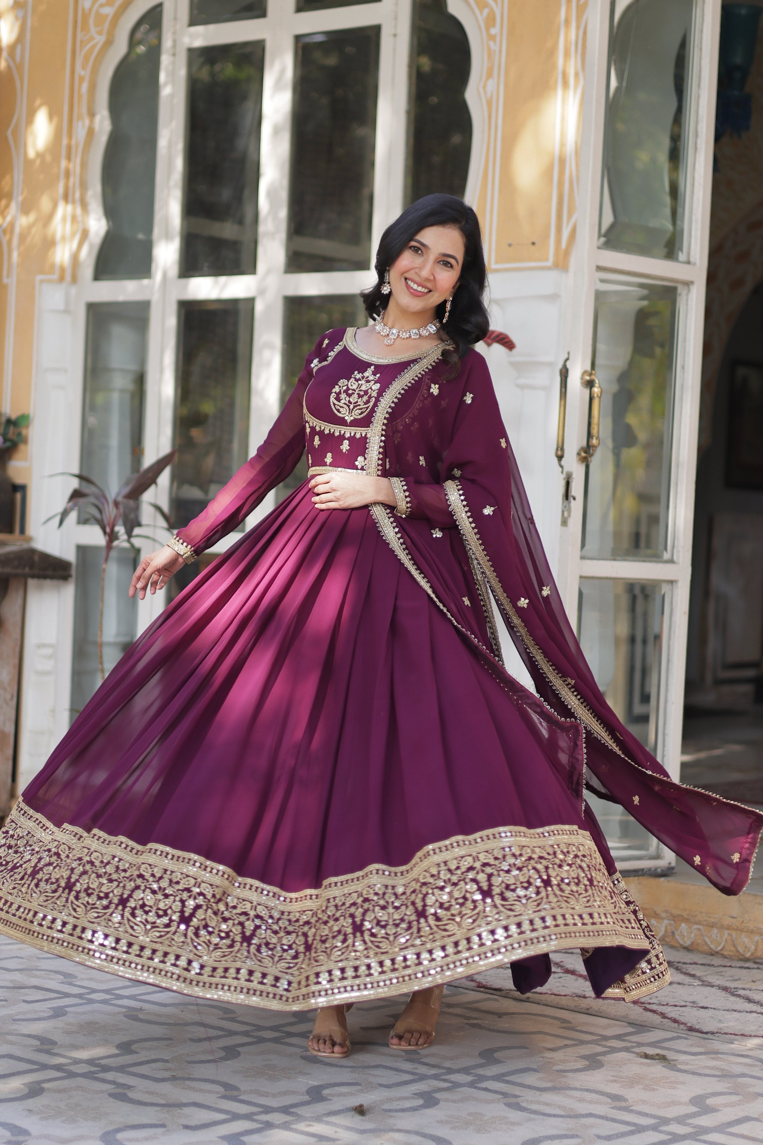Jyoti Fashion Women's Wine Faux Georgette Rich Sequins Embroidered Anarkali Set with Dupatta