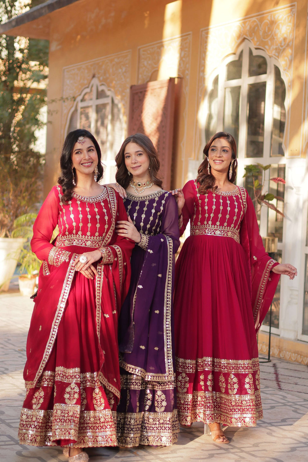 Jyoti Fashion Women's Maroon, Purple & Pink Faux Blooming Sequins Zari Embroidered Anarkali Set with Dupatta