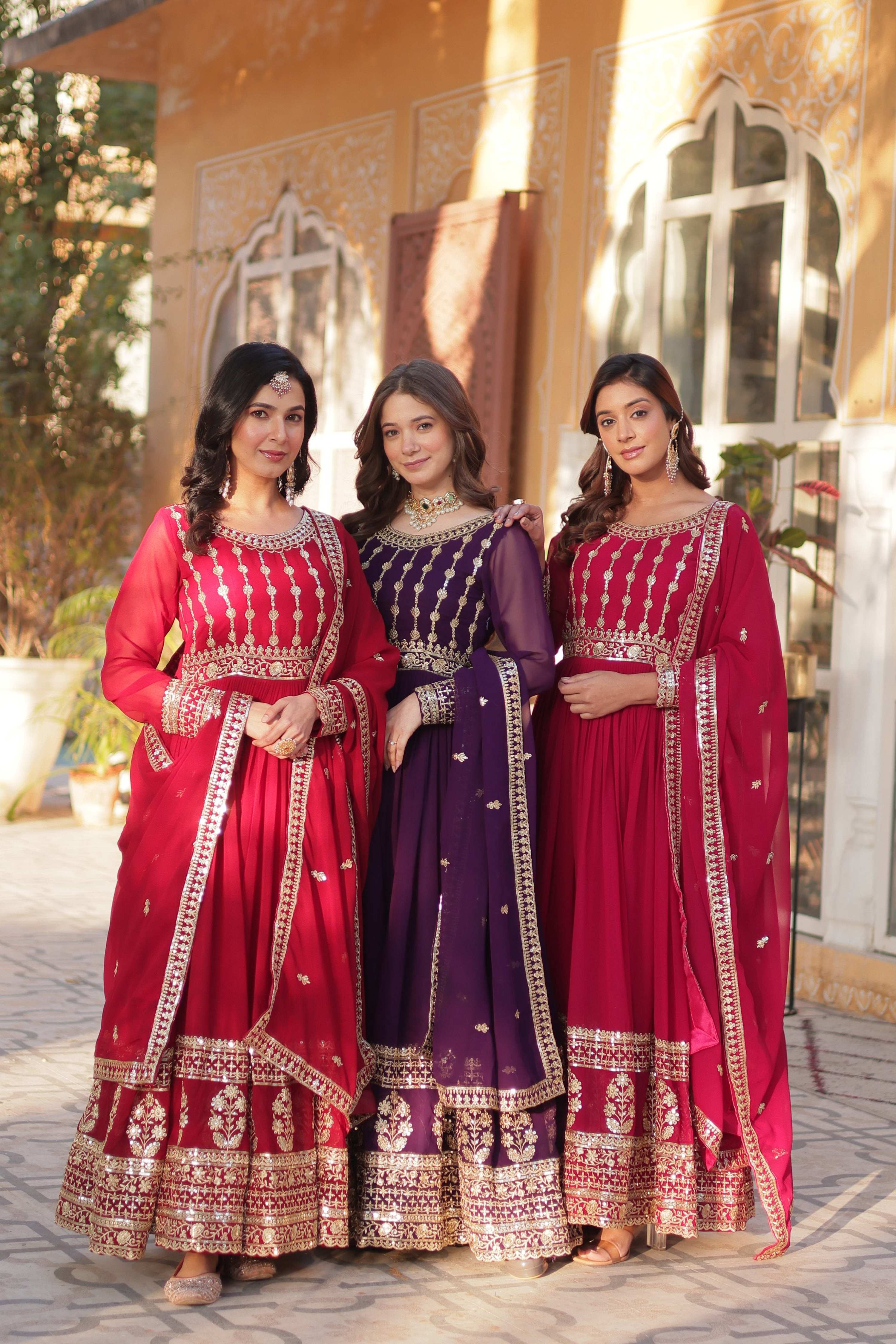 Jyoti Fashion Women's Maroon, Purple & Pink Faux Blooming Sequins Zari Embroidered Anarkali Set with Dupatta