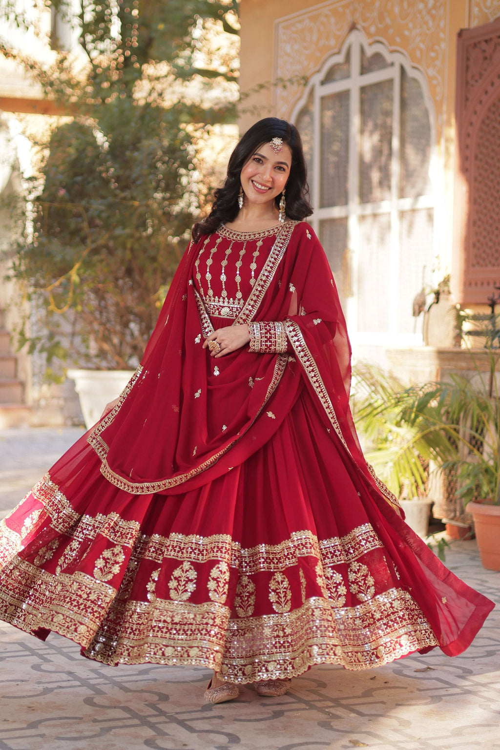 Jyoti Fashion Women's Maroon Faux Blooming Sequins Zari Embroidered Anarkali Set with Dupatta