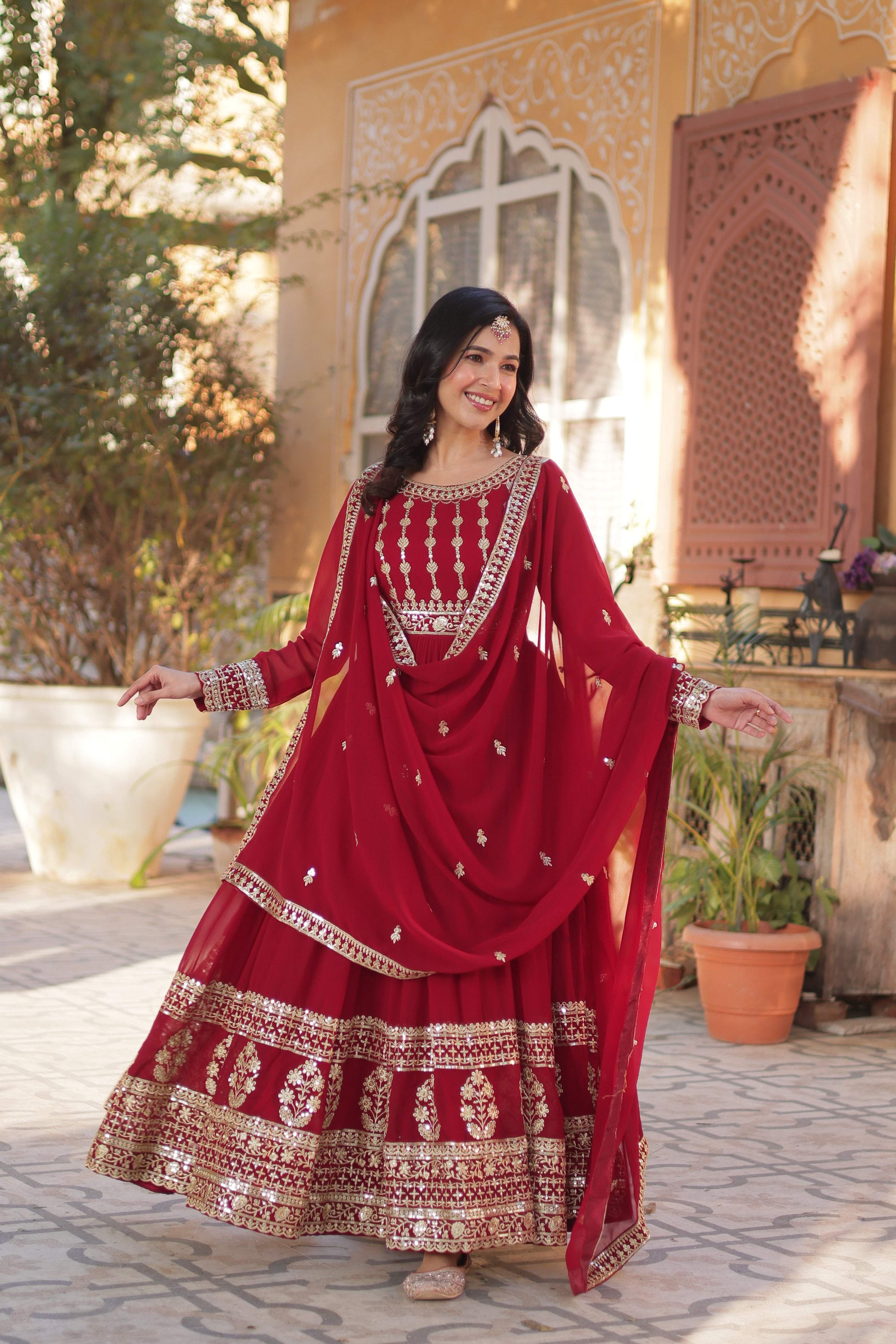 Jyoti Fashion Women's Maroon Faux Blooming Sequins Zari Embroidered Anarkali Set with Dupatta