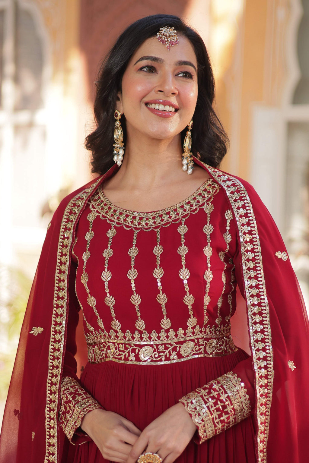Jyoti Fashion Women's Maroon Faux Blooming Sequins Zari Embroidered Anarkali Set with Dupatta