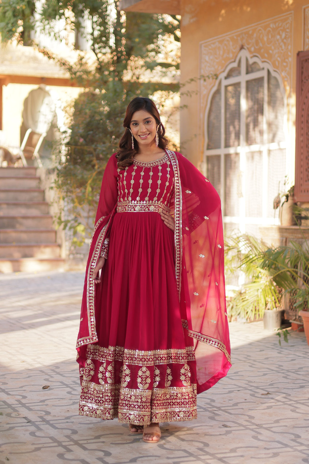 Jyoti Fashion Women's Pink Faux Blooming Sequins Zari Embroidered Anarkali Set with Dupatta