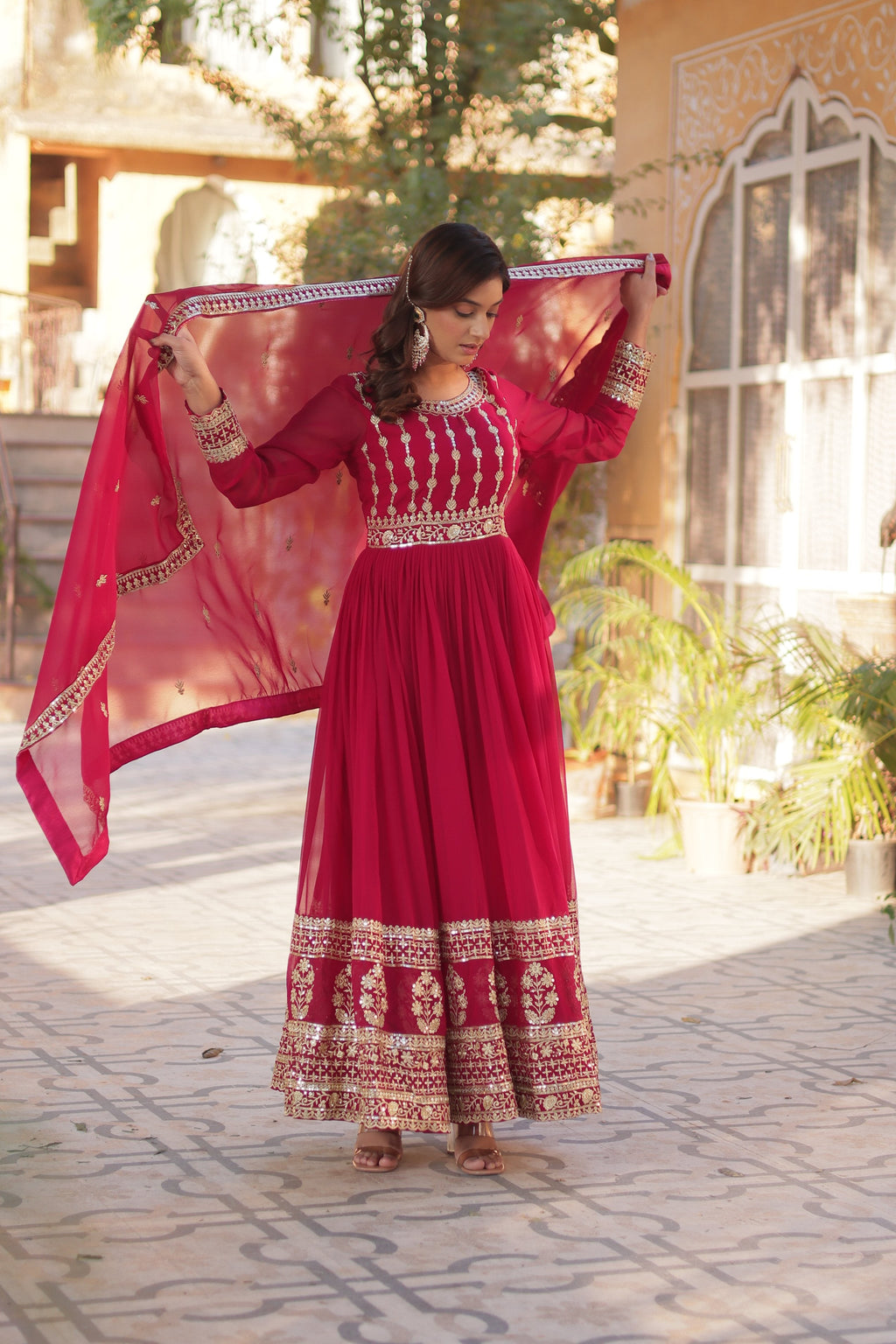 Jyoti Fashion Women's Pink Faux Blooming Sequins Zari Embroidered Anarkali Set with Dupatta