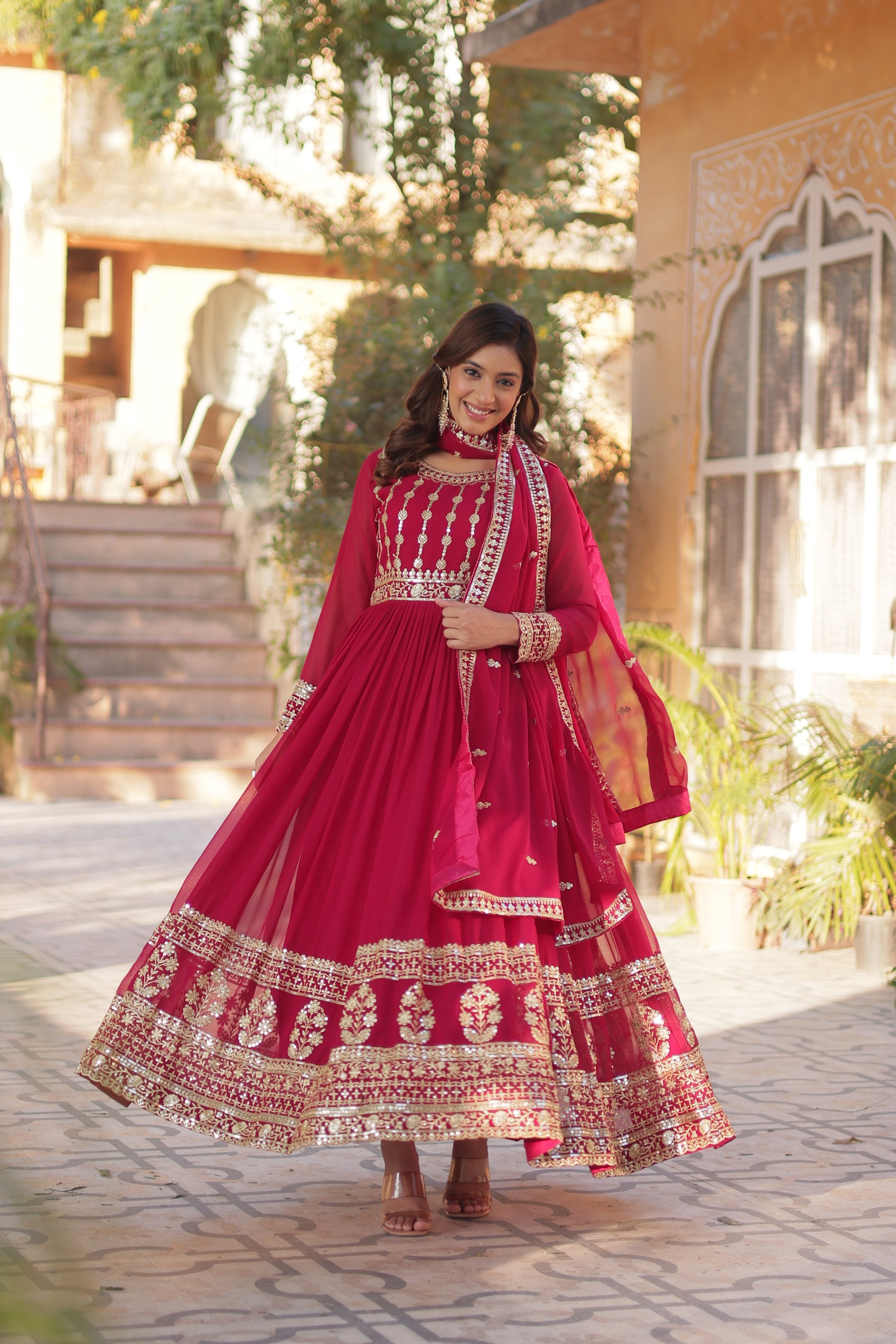 Jyoti Fashion Women's Pink Faux Blooming Sequins Zari Embroidered Anarkali Set with Dupatta