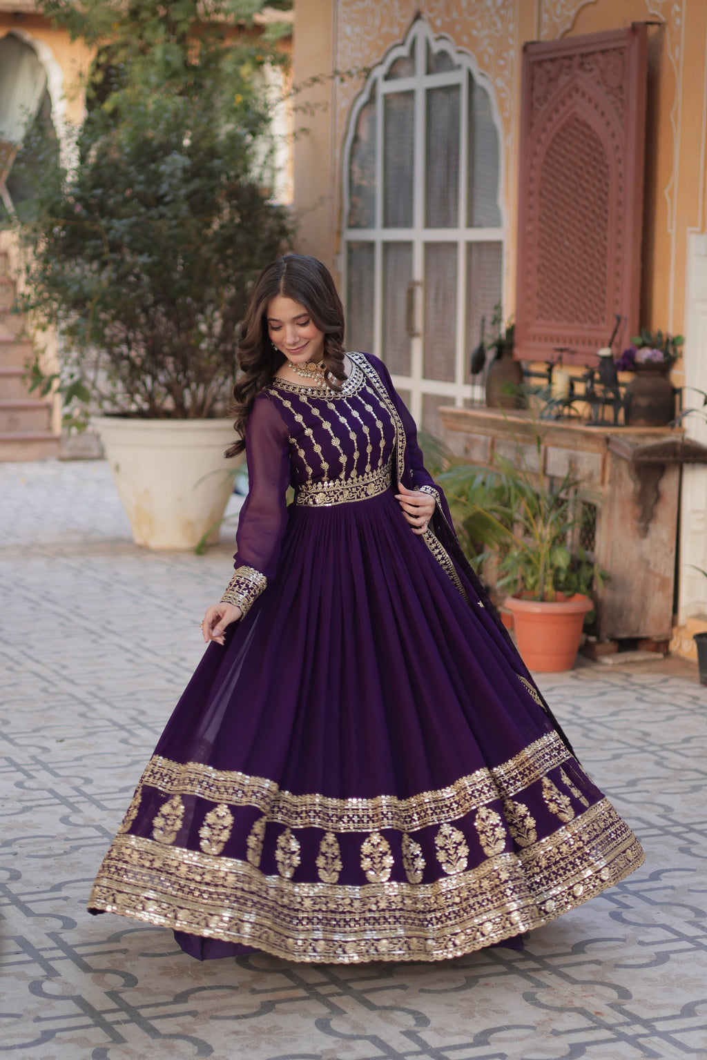 Jyoti Fashion Women's Purple Faux Blooming Sequins Zari Embroidered Anarkali Set with Dupatta