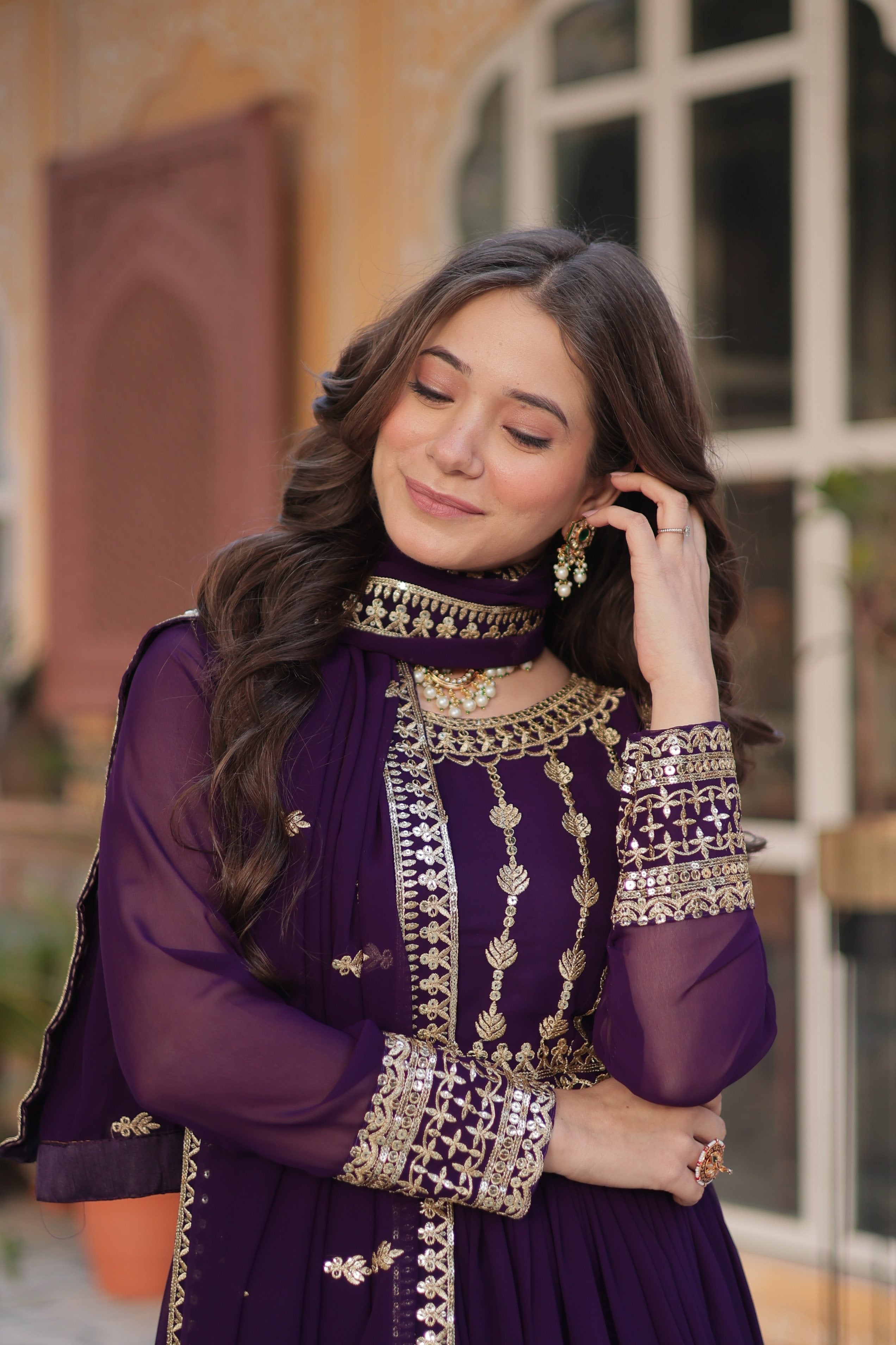 Jyoti Fashion Women's Purple Faux Blooming Sequins Zari Embroidered Anarkali Set with Dupatta