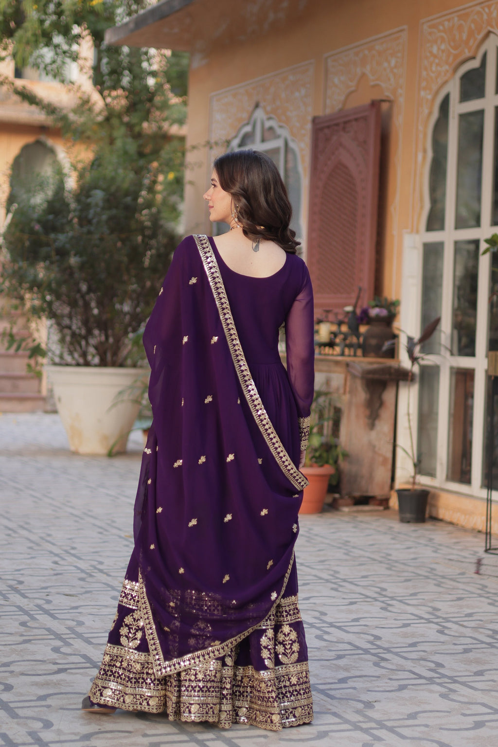 Jyoti Fashion Women's Purple Faux Blooming Sequins Zari Embroidered Anarkali Set with Dupatta