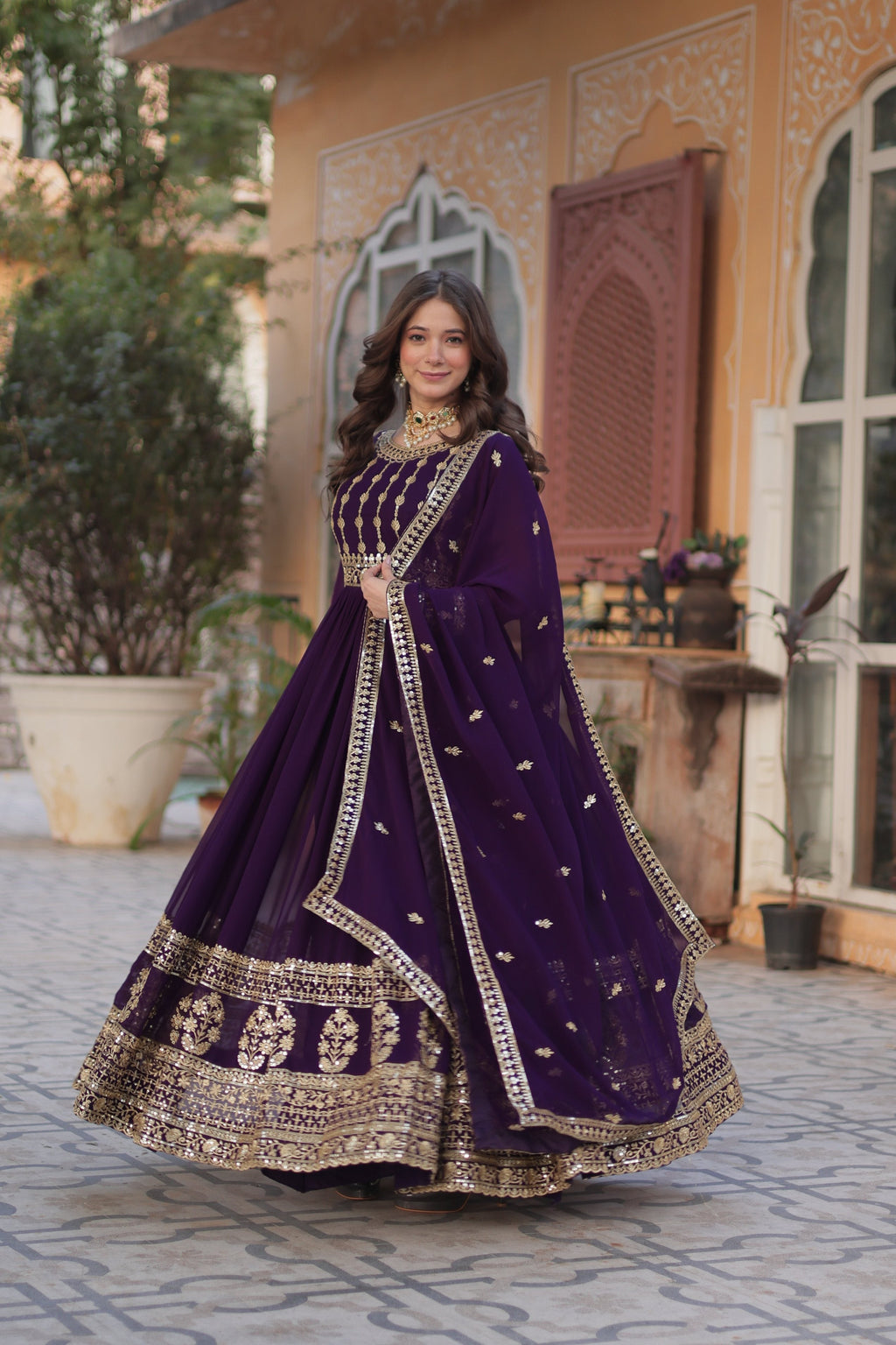 Jyoti Fashion Women's Purple Faux Blooming Sequins Zari Embroidered Anarkali Set with Dupatta