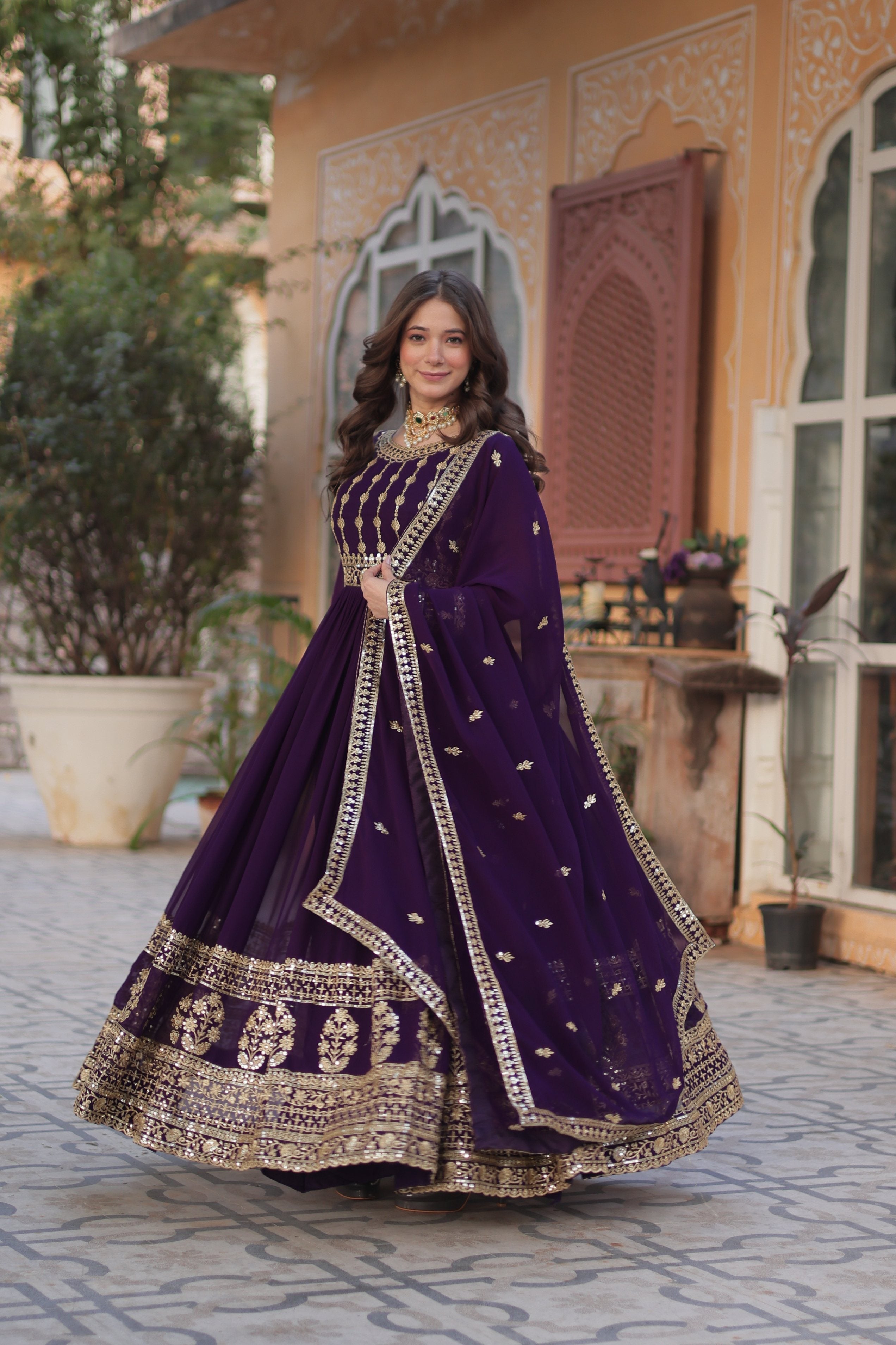 Jyoti Fashion Women's Purple Faux Blooming Sequins Zari Embroidered Anarkali Set with Dupatta
