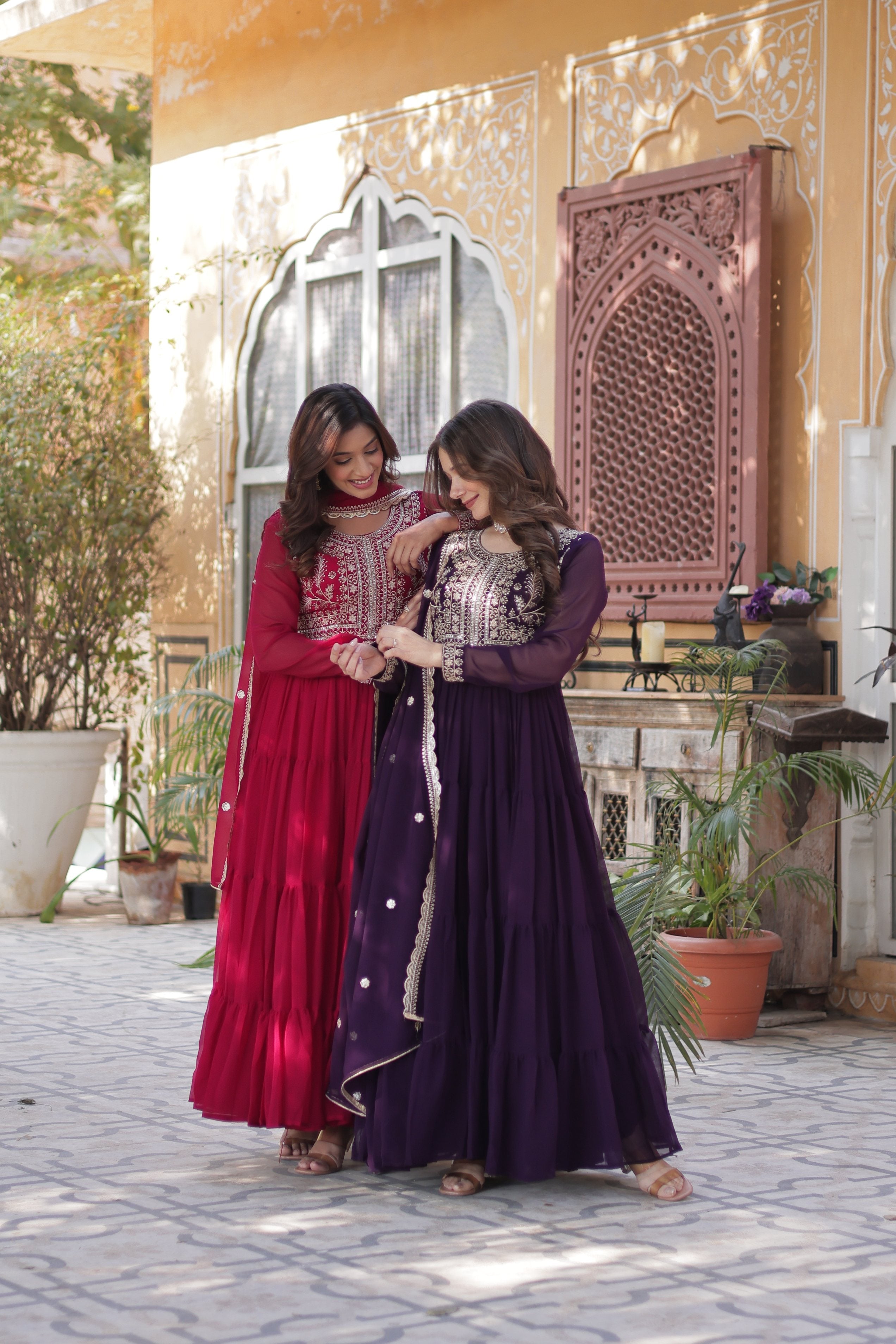 Jyoti Fashion Women's Pink & Wine Faux Georgette Embroidered Pearl Work Combo Anarkali Set with Dupatta