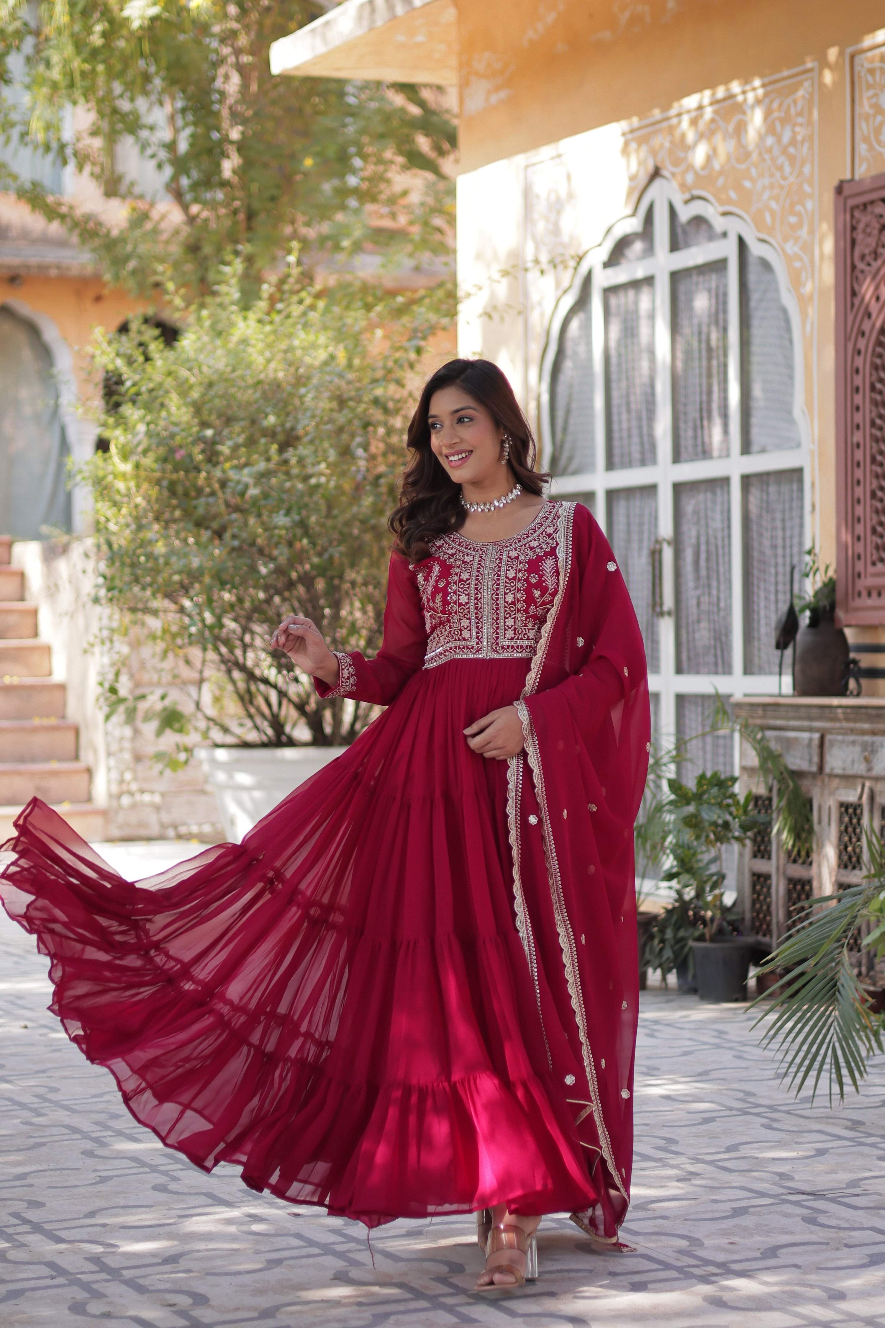 Jyoti Fashion Women's Pink Faux Georgette Embroidered Pearl Work Anarkali Set with Dupatta