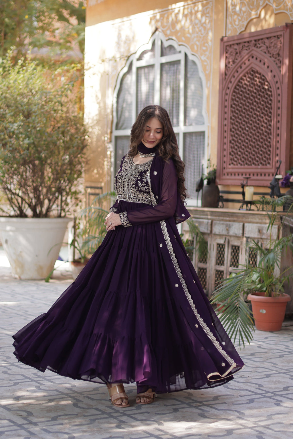 Jyoti Fashion Women's Wine Faux Georgette Embroidered Pearl Work Anarkali Set with Dupatta