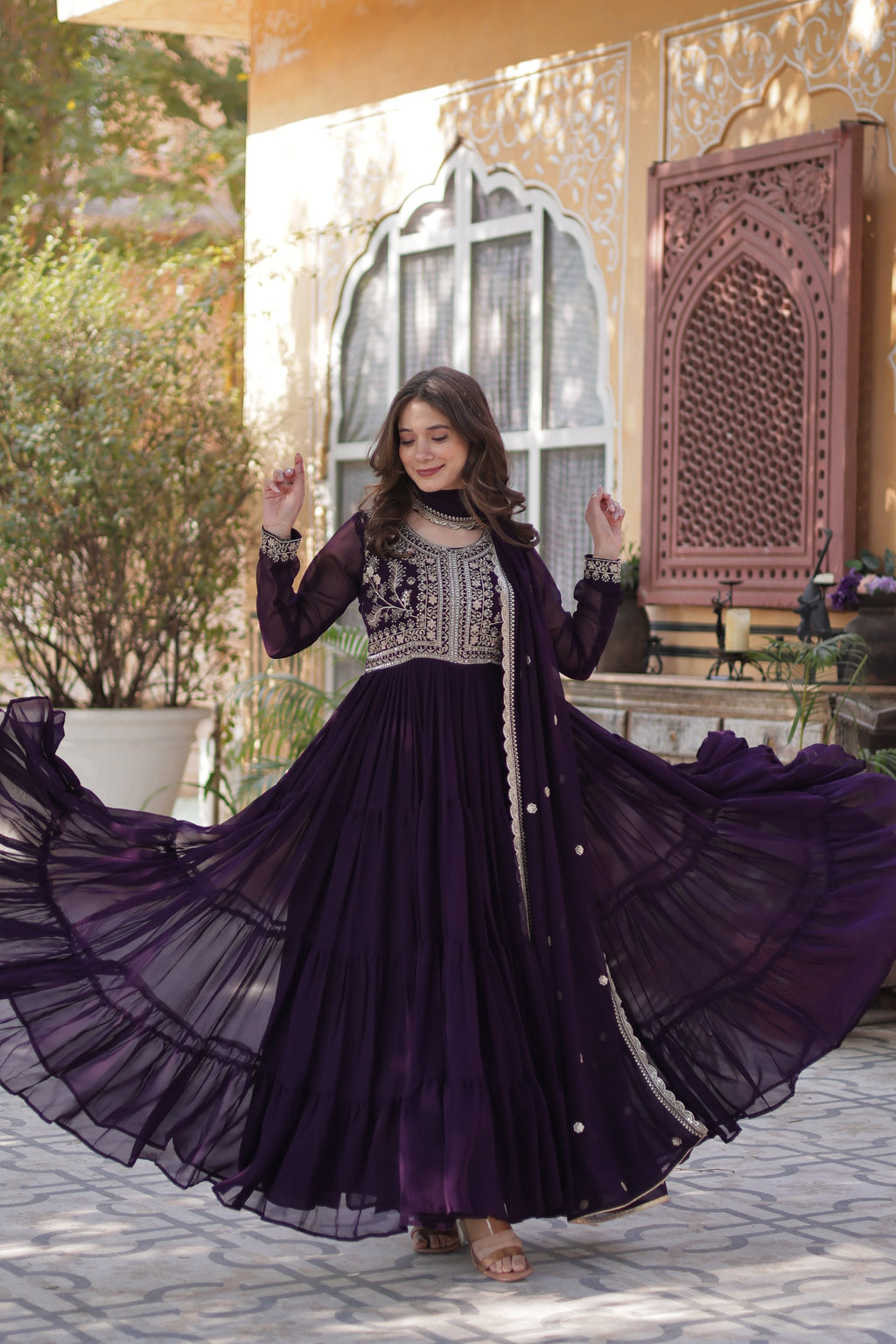 Jyoti Fashion Women's Wine Faux Georgette Embroidered Pearl Work Anarkali Set with Dupatta