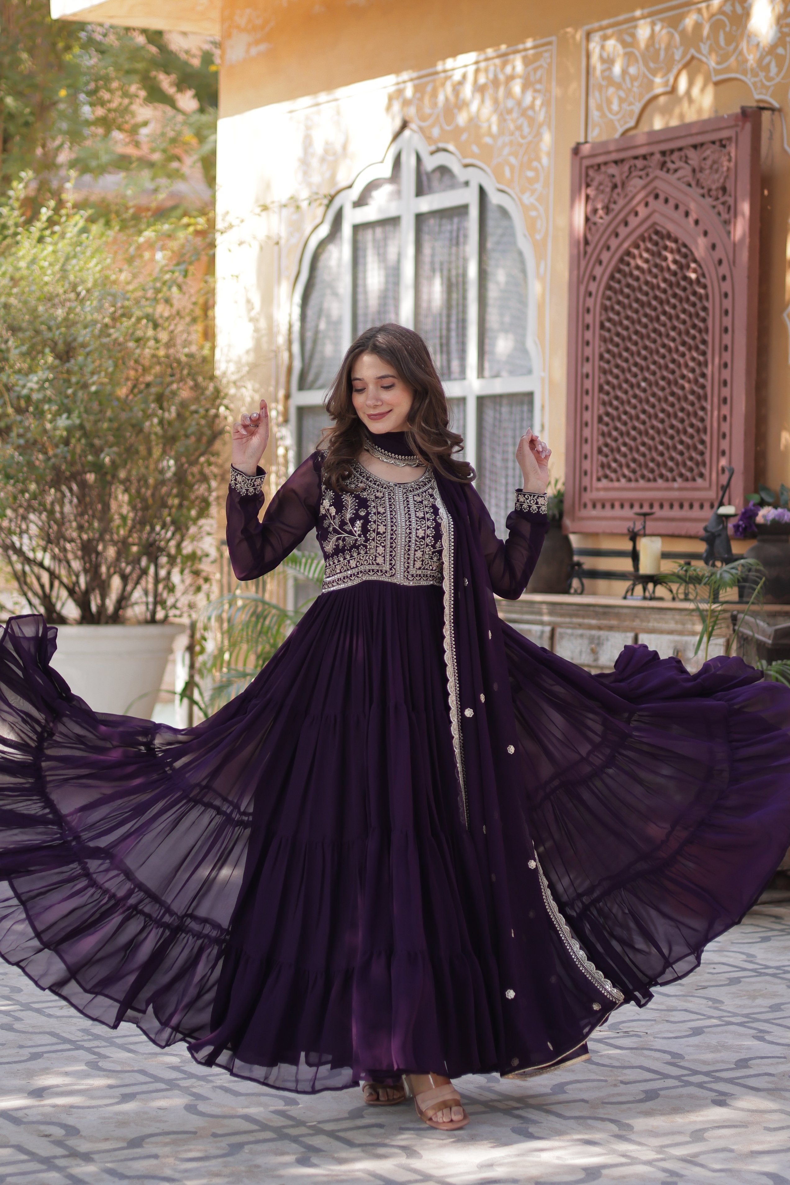 Jyoti Fashion Women's Wine Faux Georgette Embroidered Pearl Work Anarkali Set with Dupatta