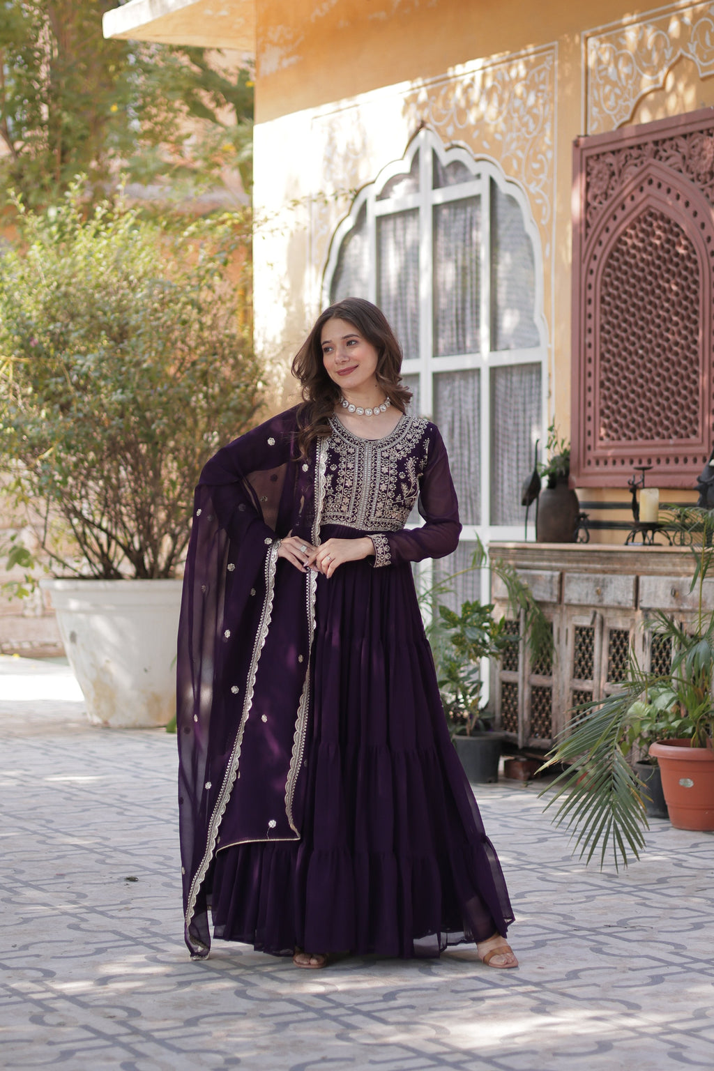 Jyoti Fashion Women's Wine Faux Georgette Embroidered Pearl Work Anarkali Set with Dupatta