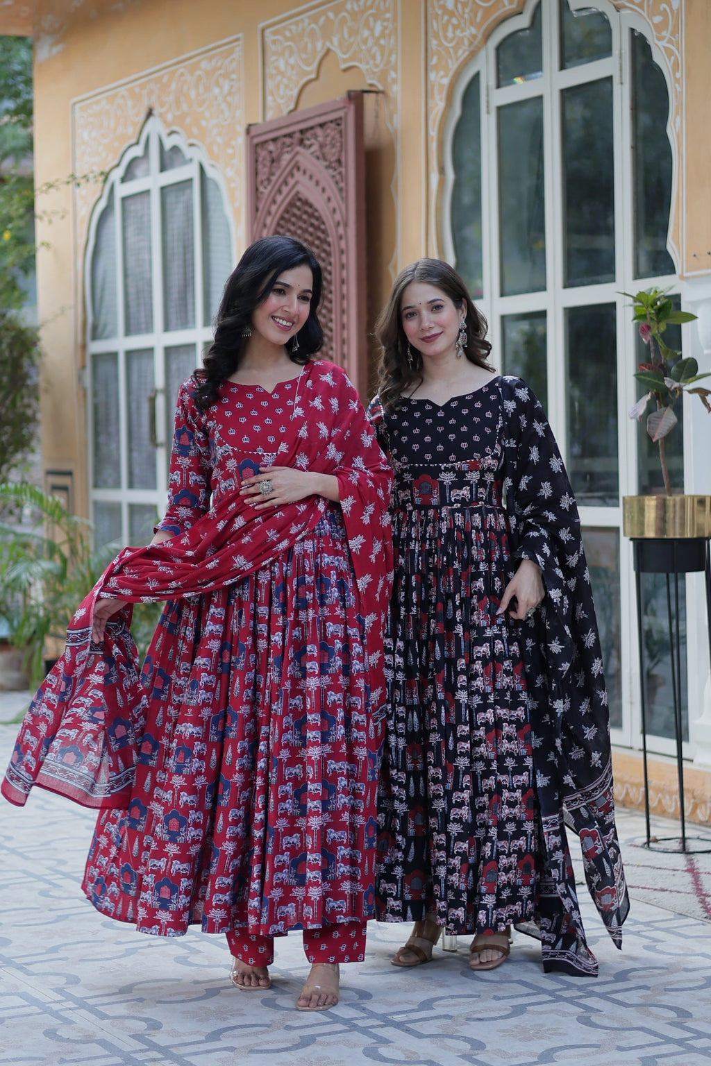 Jyoti Fashion Women's Maroon & Black Cotton Printed Designer Combo Anarkali Set with Dupatta