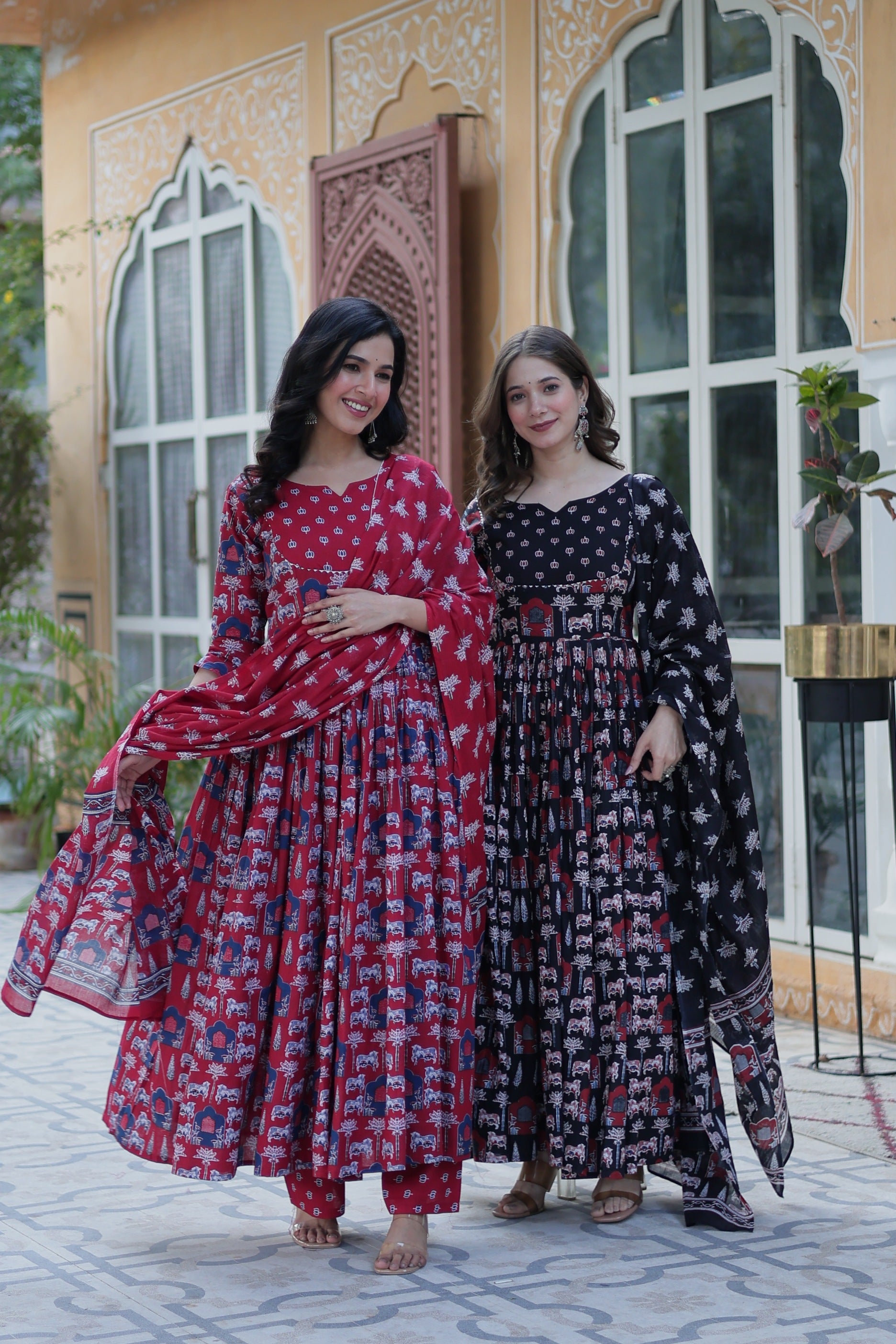 Jyoti Fashion Women's Maroon & Black Cotton Printed Designer Combo Anarkali Set with Dupatta