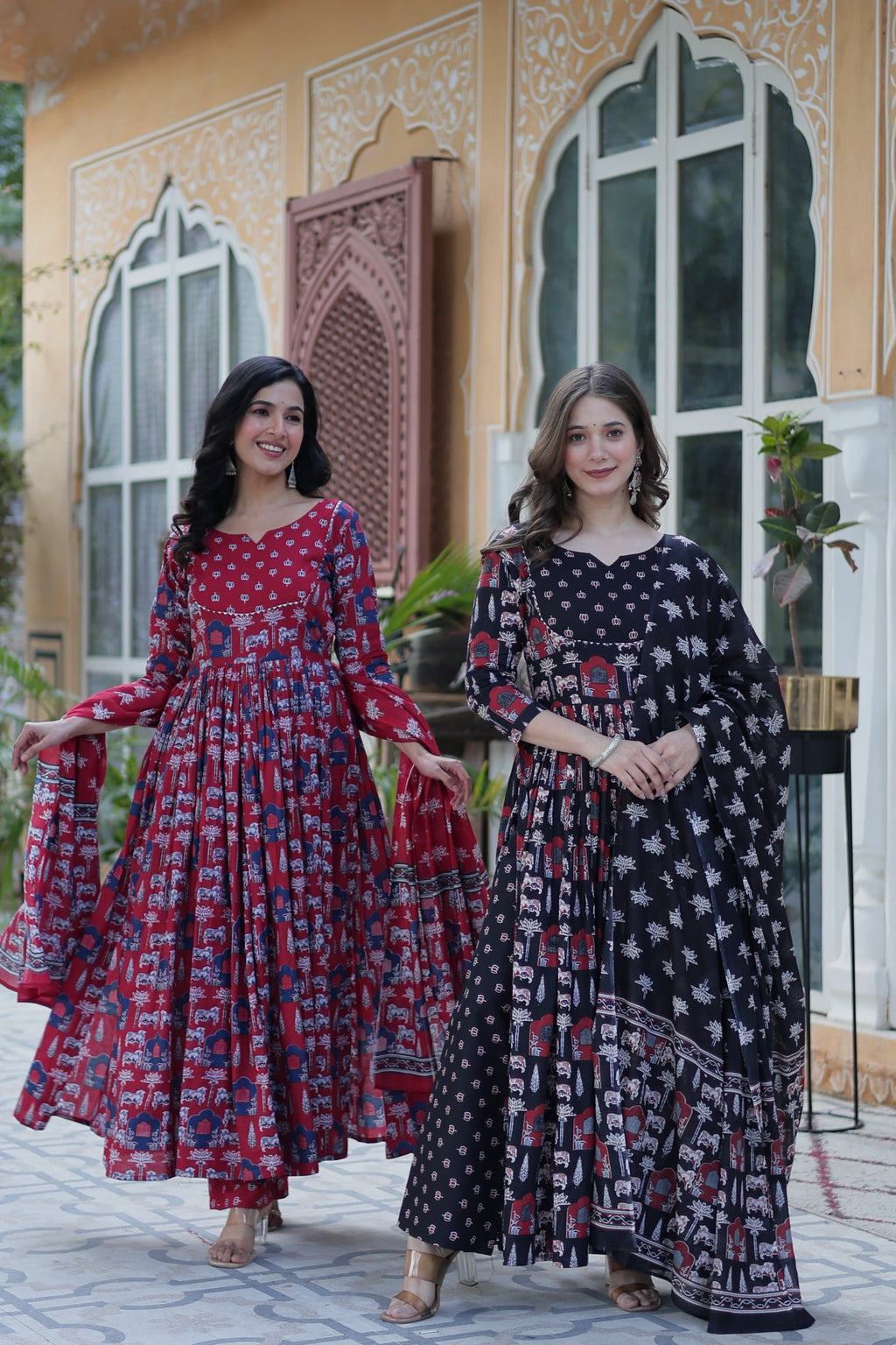 Jyoti Fashion Women's Maroon & Black Cotton Printed Designer Combo Anarkali Set with Dupatta