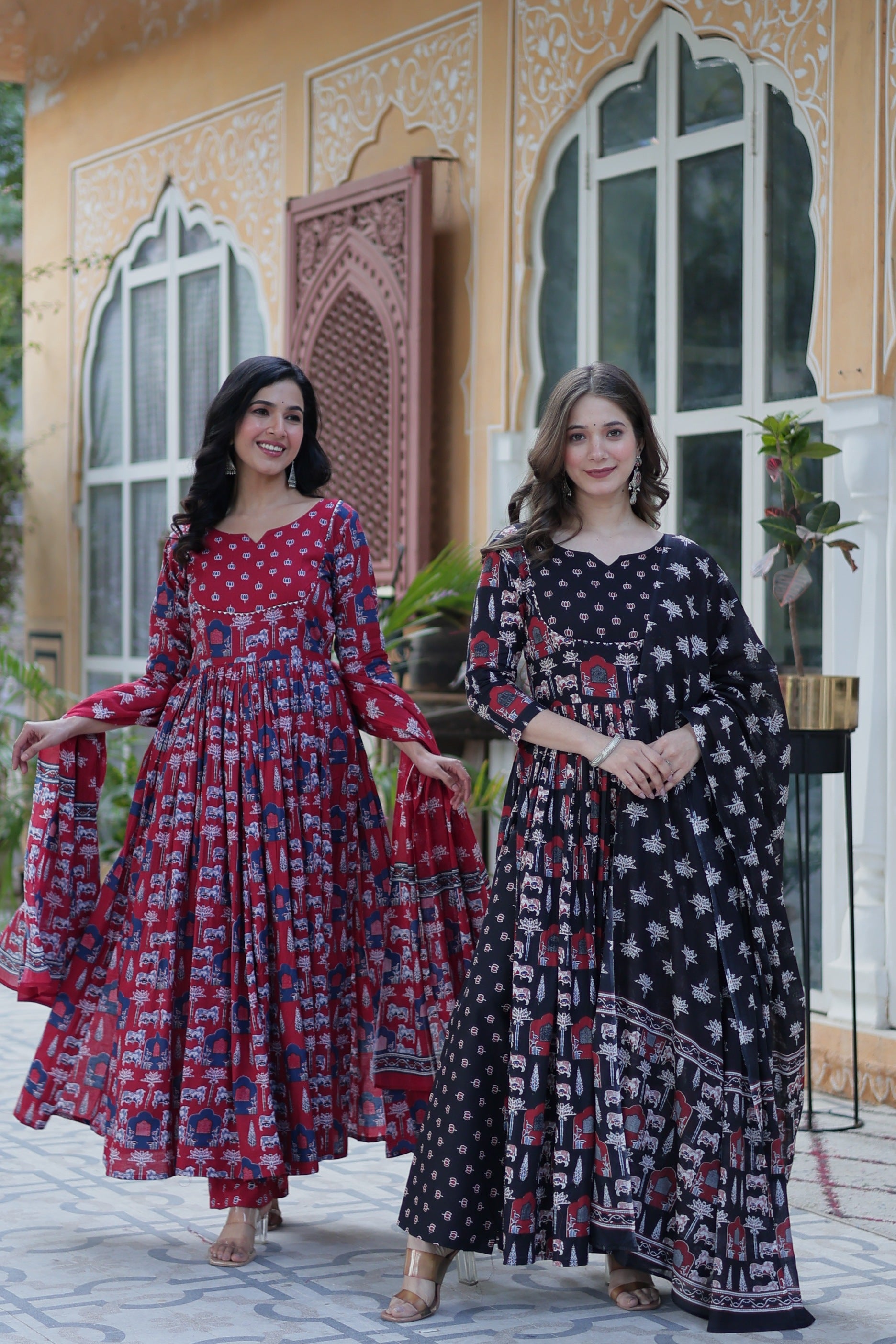 Jyoti Fashion Women's Maroon & Black Cotton Printed Designer Combo Anarkali Set with Dupatta