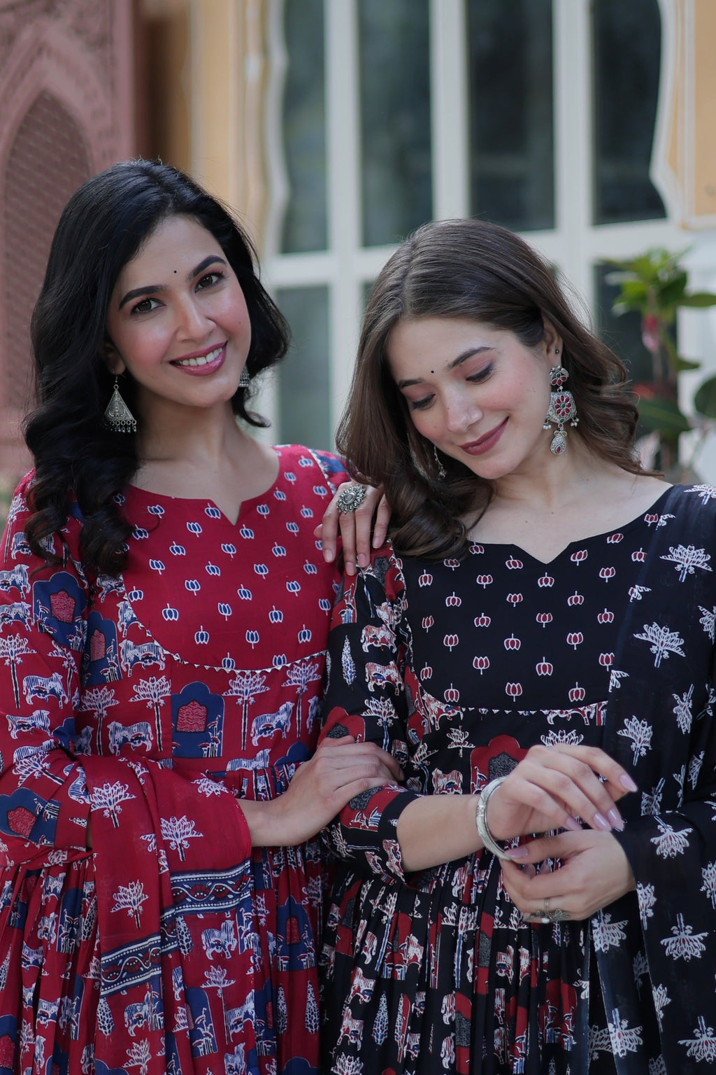 Jyoti Fashion Women's Maroon & Black Cotton Printed Designer Combo Anarkali Set with Dupatta