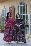 Jyoti Fashion Women's Maroon & Black Cotton Printed Designer Combo Anarkali Set with Dupatta