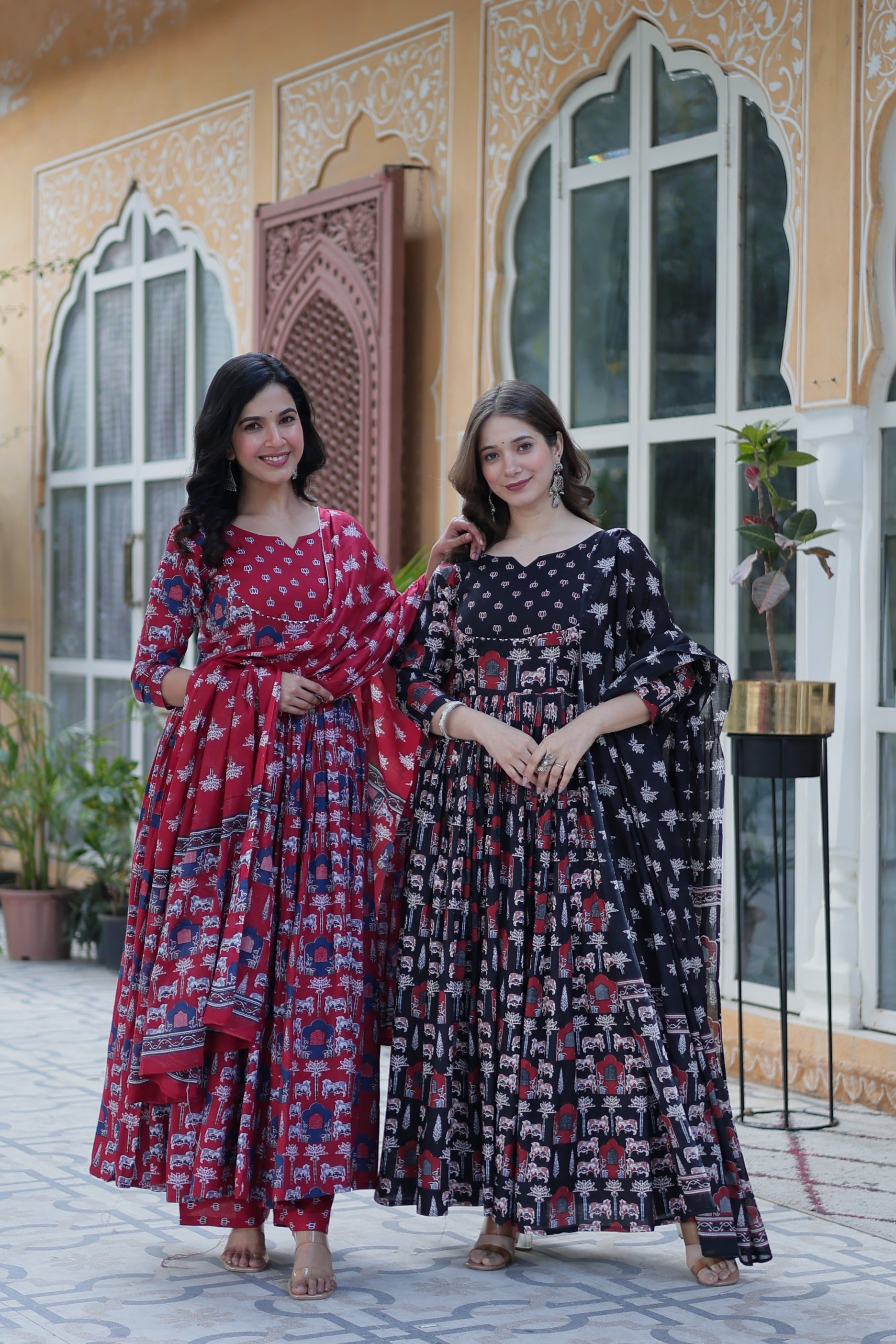 Jyoti Fashion Women's Maroon & Black Cotton Printed Designer Combo Anarkali Set with Dupatta