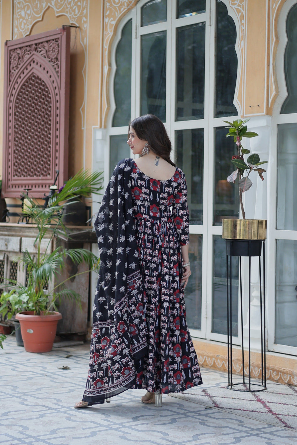 Jyoti Fashion Women's Black Cotton Printed Designer Anarkali Set with Dupatta