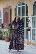 Jyoti Fashion Women's Black Cotton Printed Designer Anarkali Set with Dupatta