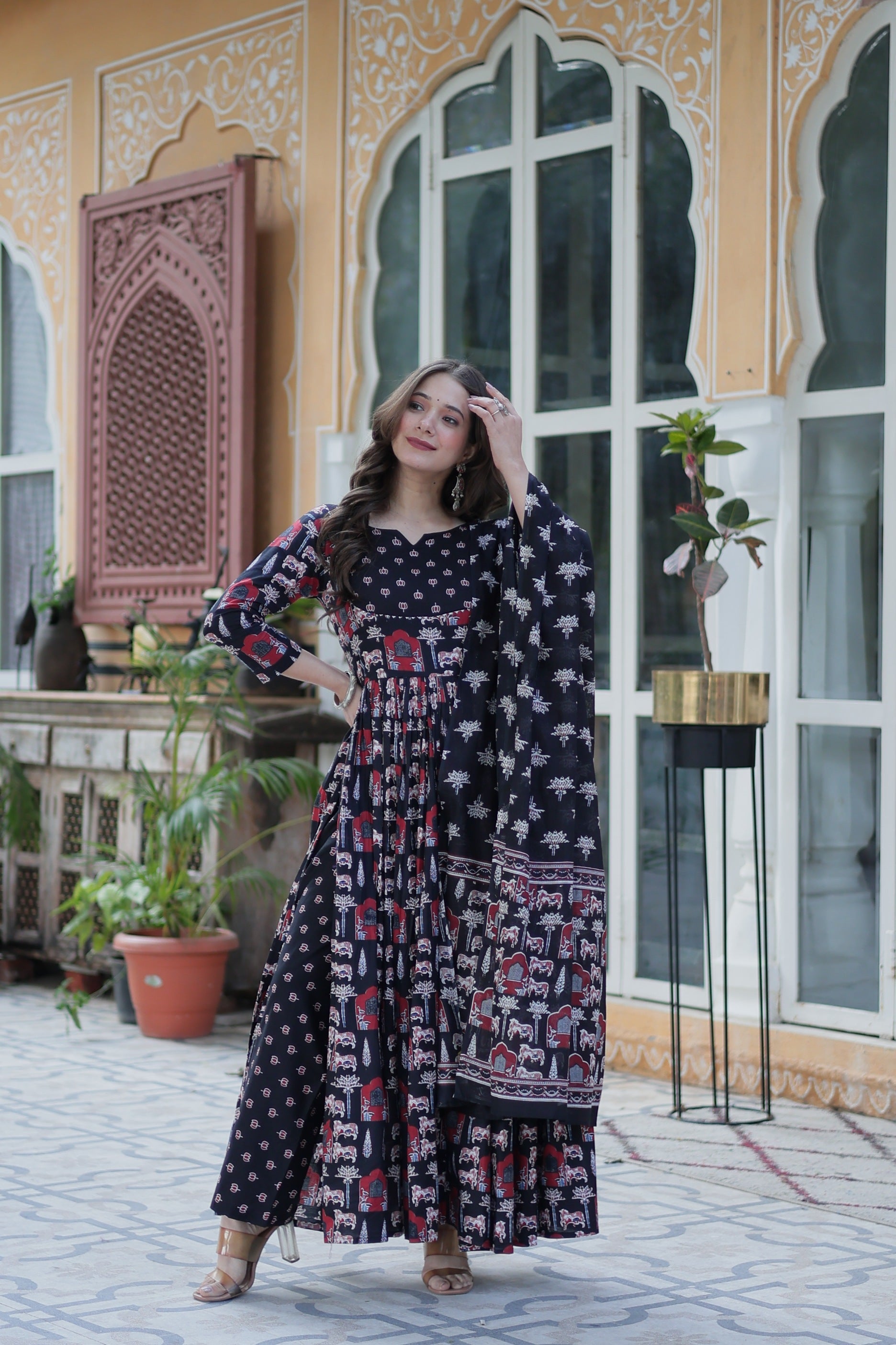 Jyoti Fashion Women's Black Cotton Printed Designer Anarkali Set with Dupatta