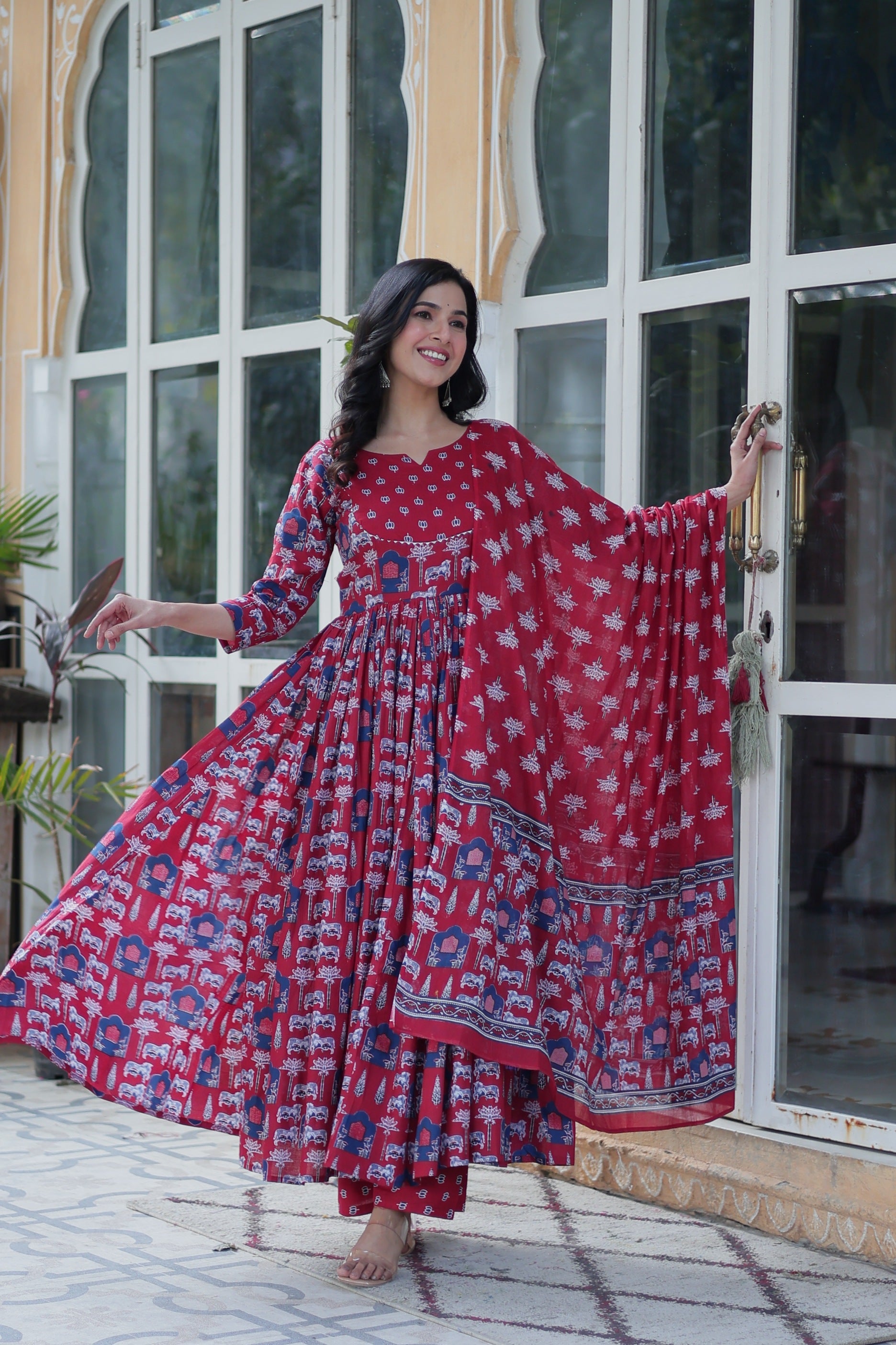 Jyoti Fashion Women's Maroon Cotton Printed Designer Anarkali Set with Dupatta
