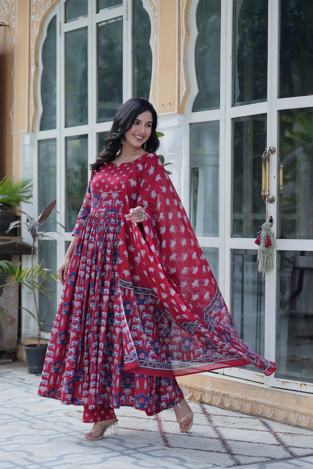 Jyoti Fashion Women's Maroon Cotton Printed Designer Anarkali Set with Dupatta