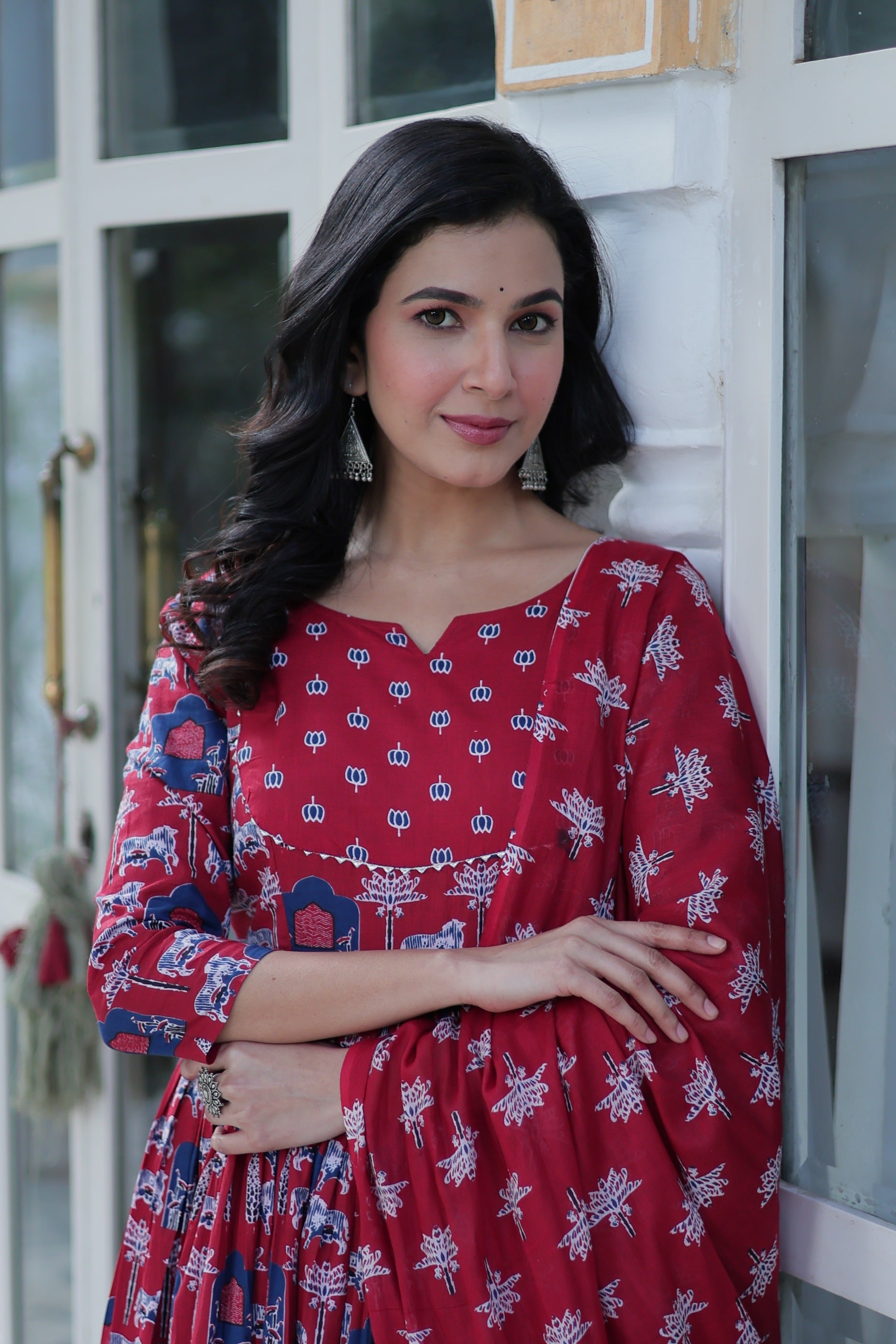 Jyoti Fashion Women's Maroon Cotton Printed Designer Anarkali Set with Dupatta