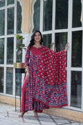 Jyoti Fashion Women's Maroon Cotton Printed Designer Anarkali Set with Dupatta